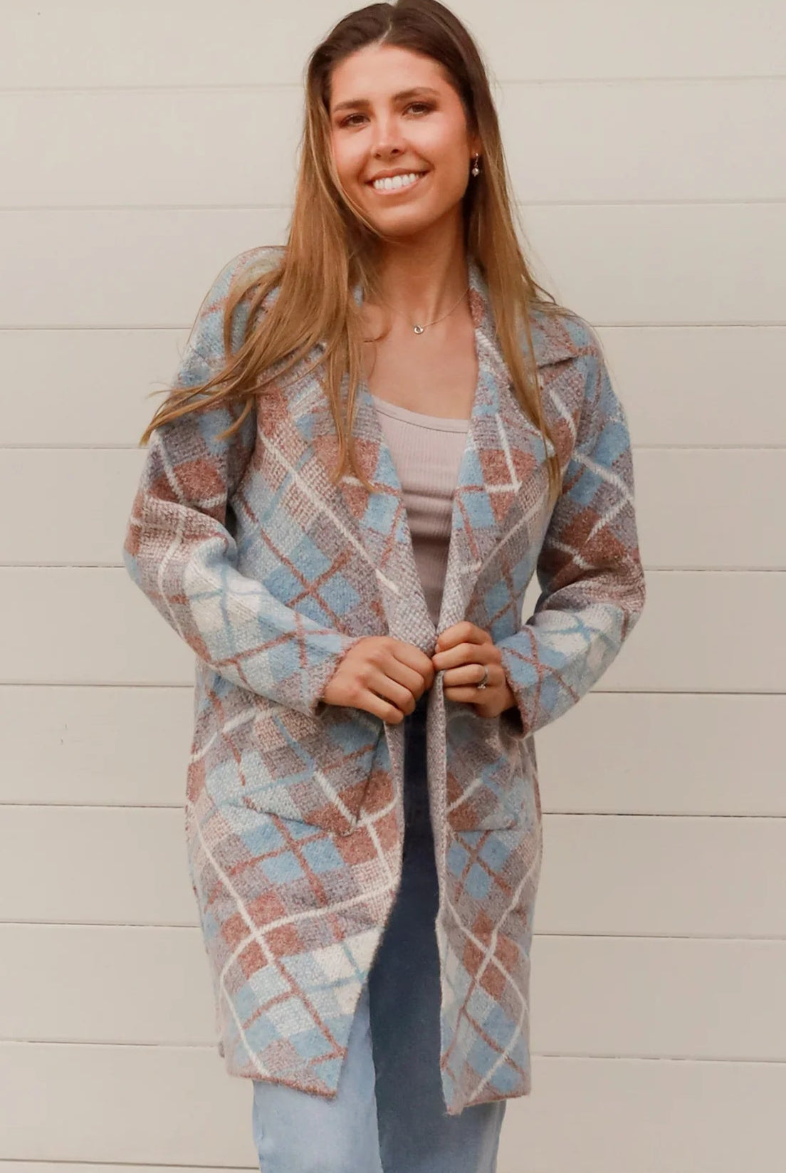 CHARLOTTE THE LABEL | DIONE KNIT JACKET TAN + BLUE | Bohemian Love Runway