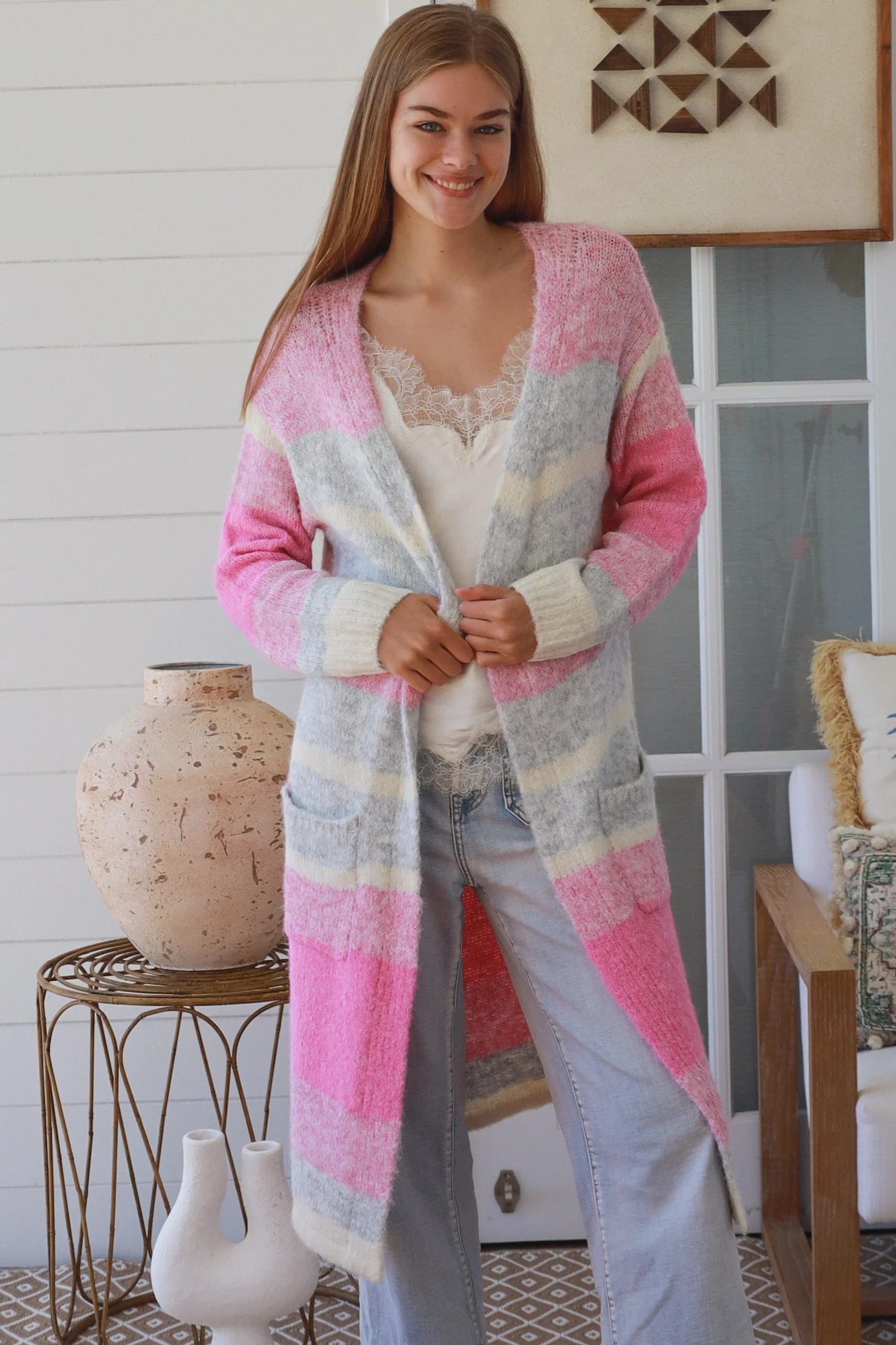 Charlotte the Label longline knit cardigan soft pink grey stripe wool blend warm boho winter layering cardigan Australia