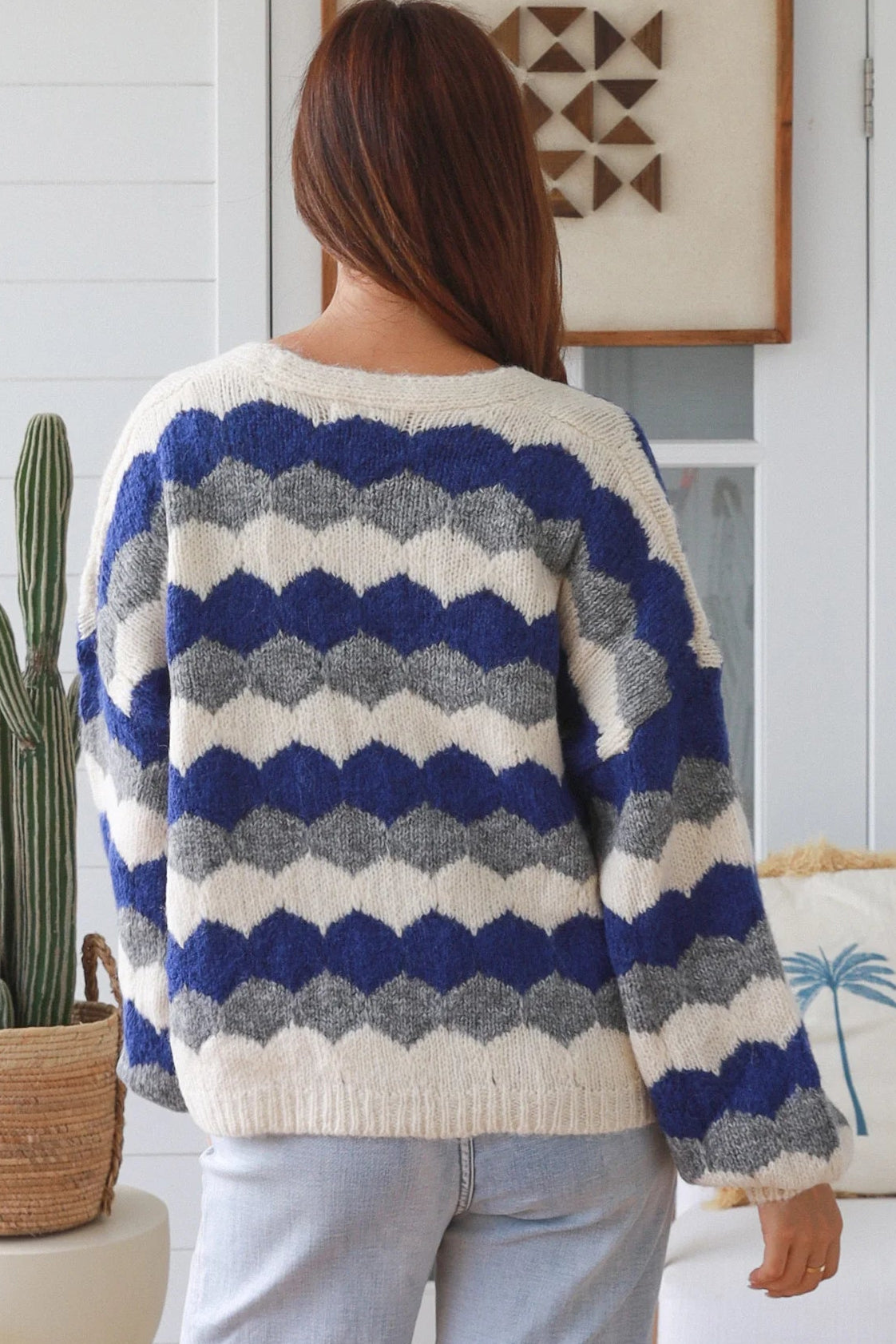 Harper Blue brushed knit cardigan by Charlotte the Label with cobalt stripes and relaxed fit