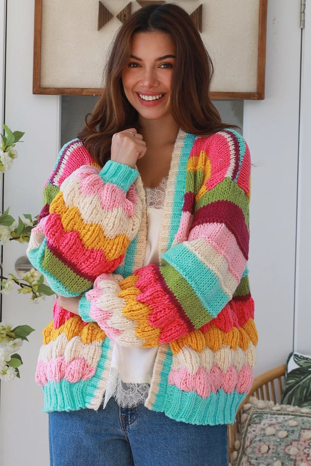 Rainbow stripe chunky knit cardigan in pastel tones relaxed boho winter knit Charlotte the Label