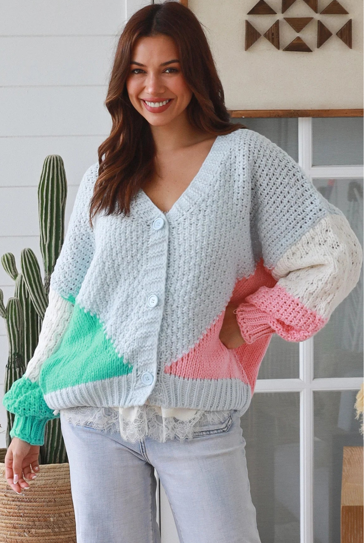 Pastel colour block chunky ribbed knit cardigan in pale blue mint blush and cream women’s boho winter style