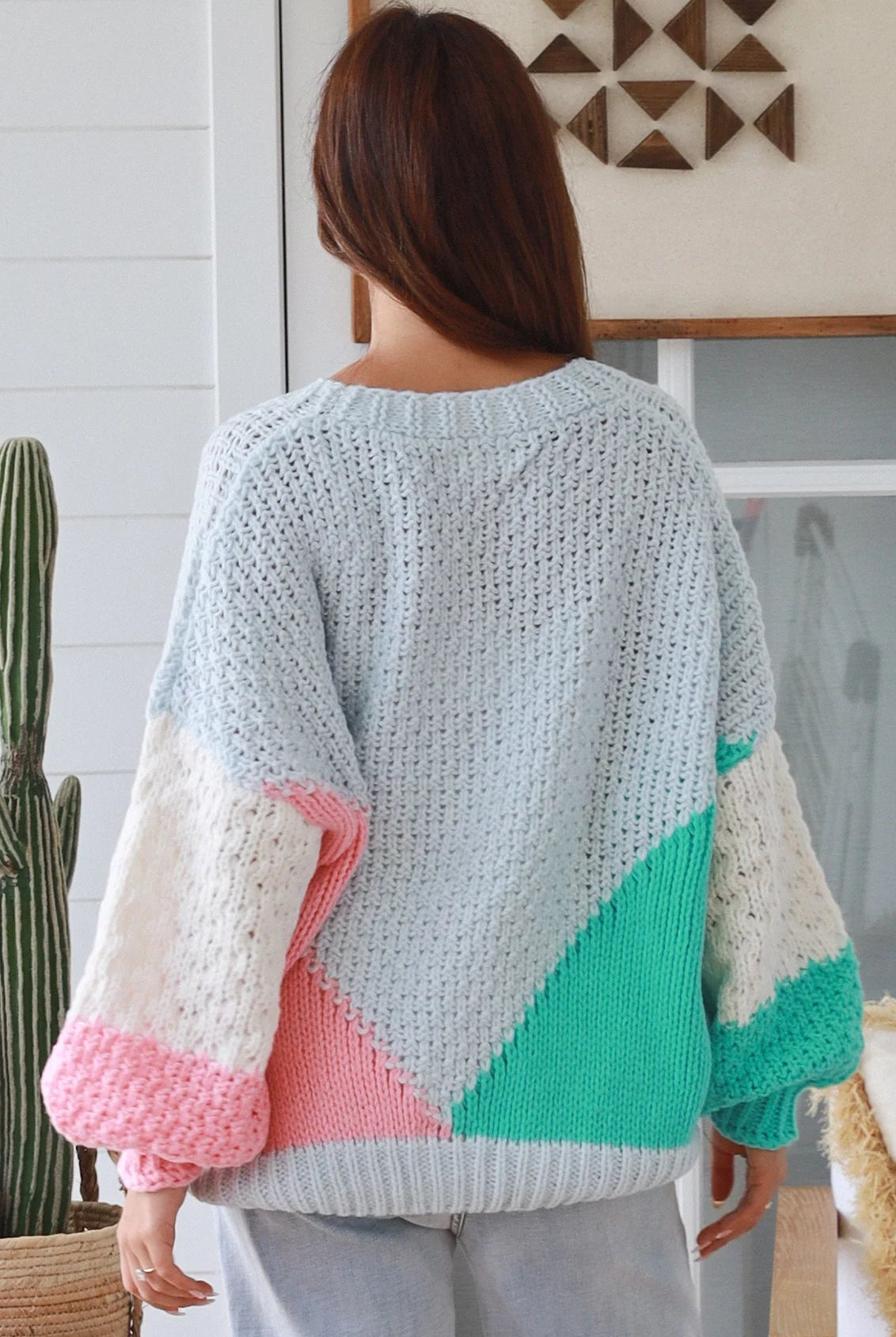 Pastel colour block chunky ribbed knit cardigan in pale blue mint blush and cream women’s boho winter style