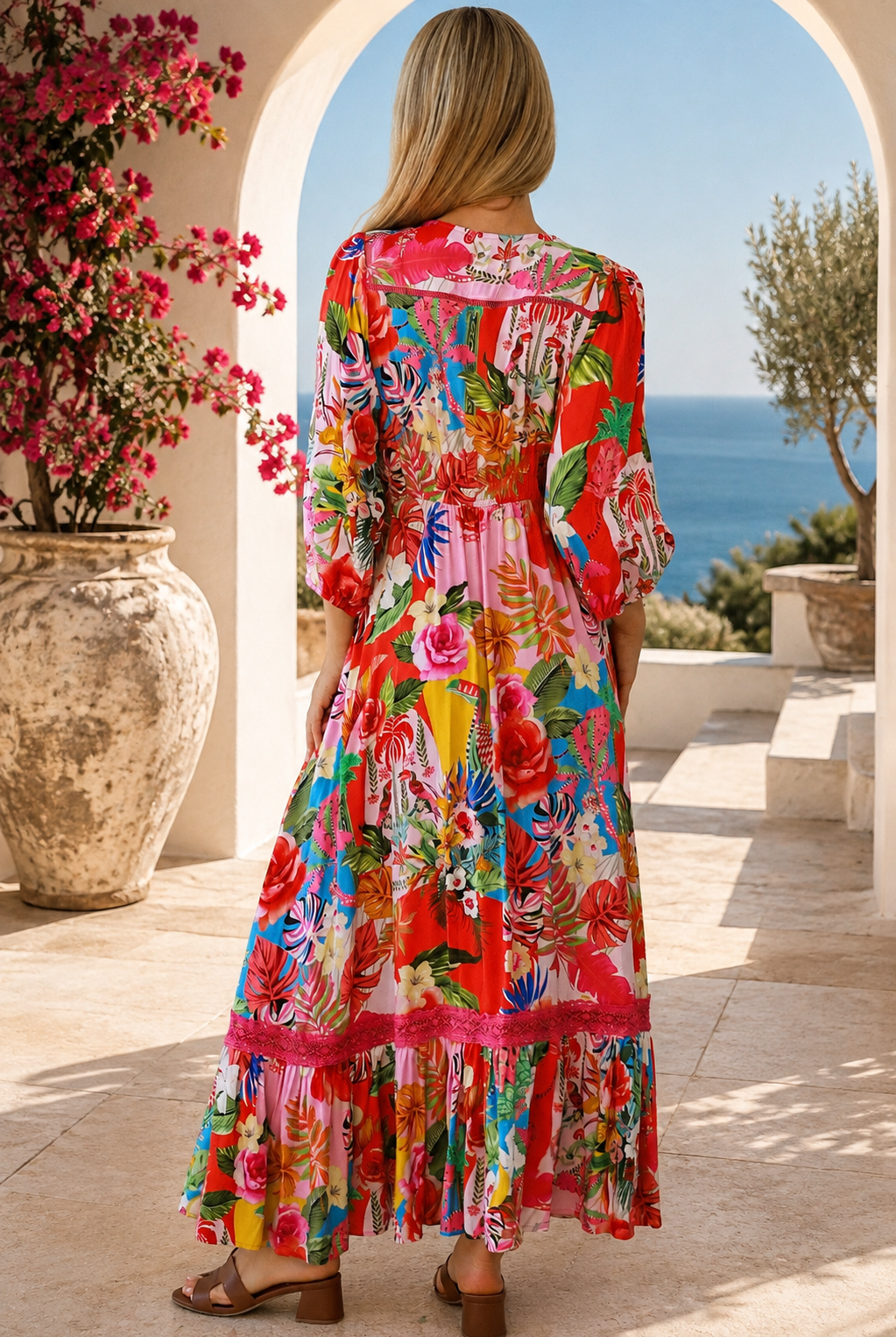 Scarlet floral long sleeve boho maxi dress with V-neck, buttons, elastic waist and lace detail at Bohemian Love Runway