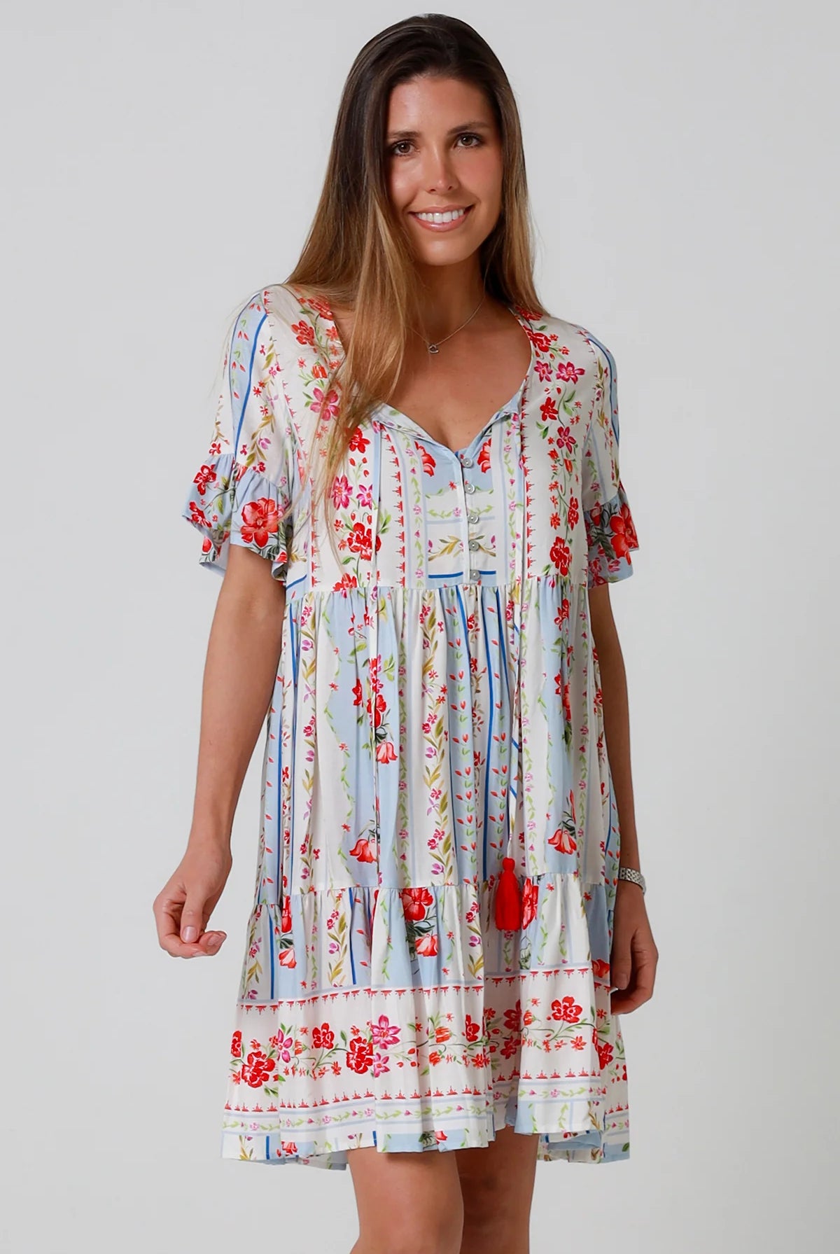 Boho mini dress with tassels v-neckline frill sleeves and border print in florals - Cherry Blossom Mini Dress Australia