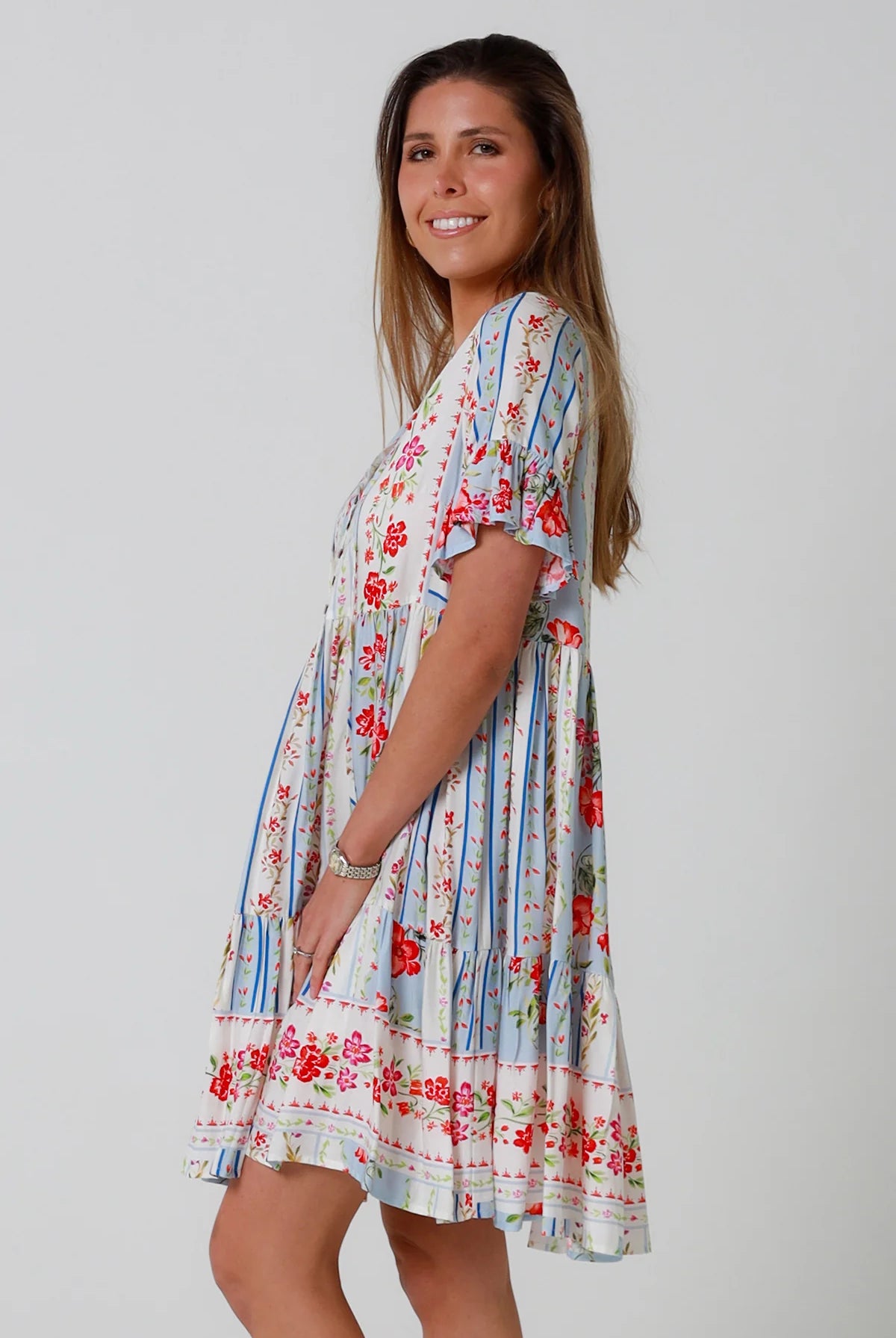 Boho mini dress with tassels v-neckline frill sleeves and border print in florals - Cherry Blossom Mini Dress Australia