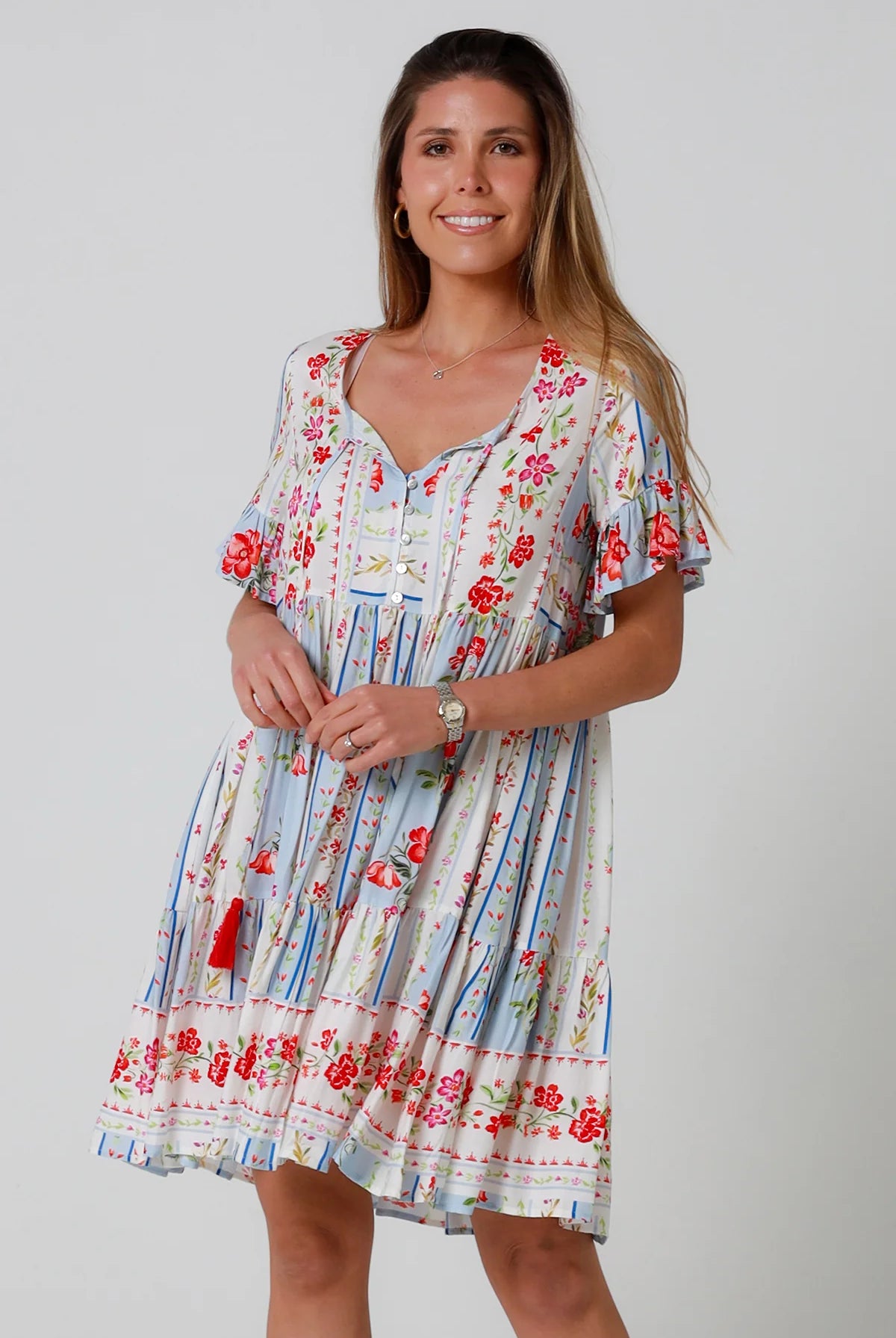 Boho mini dress with tassels v-neckline frill sleeves and border print in florals - Cherry Blossom Mini Dress Australia