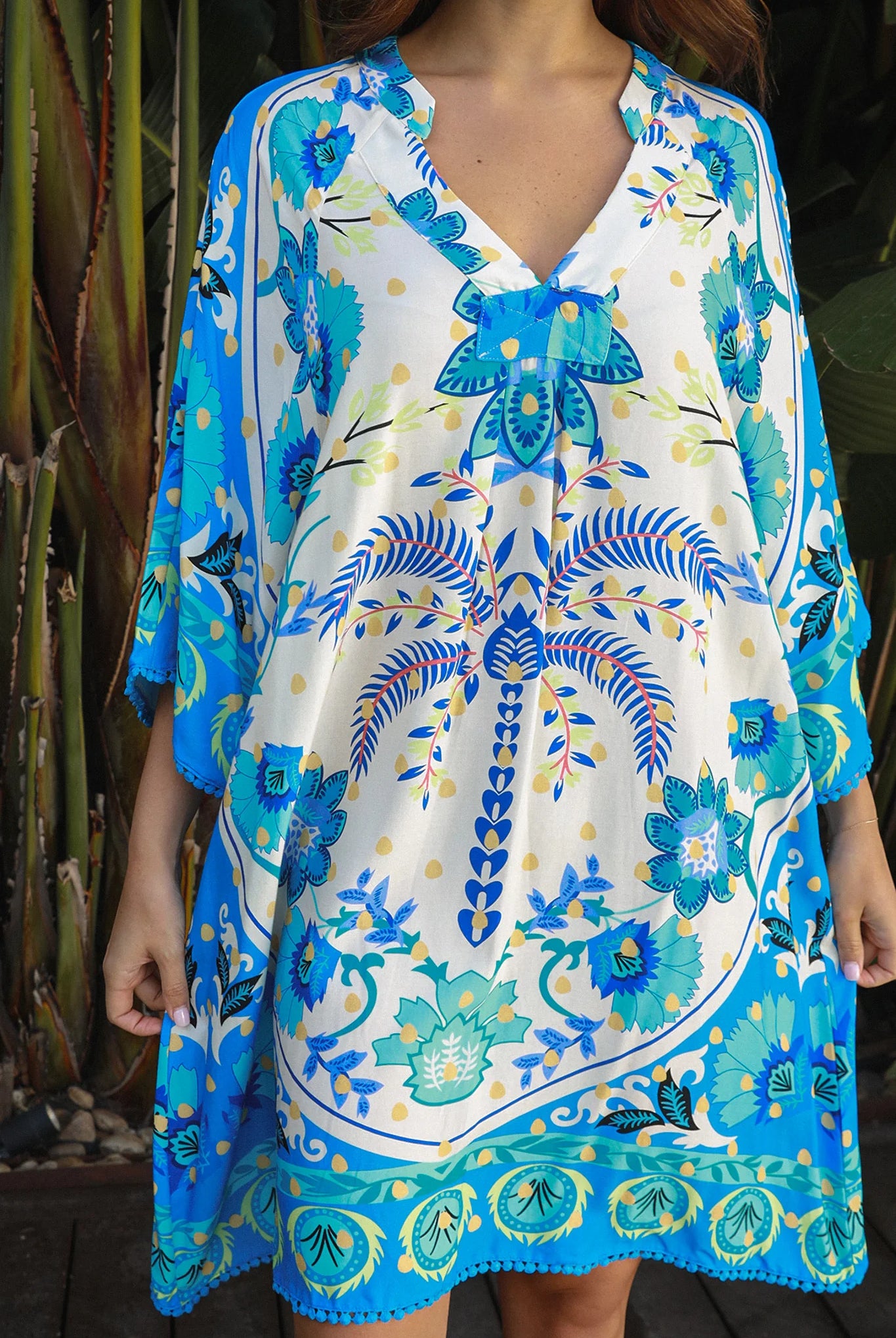 Dreamcatcher Azure Palm rayon mini dress with crochet kimono sleeves and crochet hem