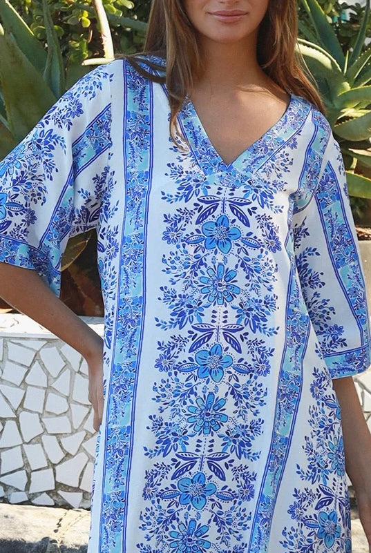 Blue floral boho midi dress in rayon with kimono sleeves V neck and side splits Midi Dresses Australia