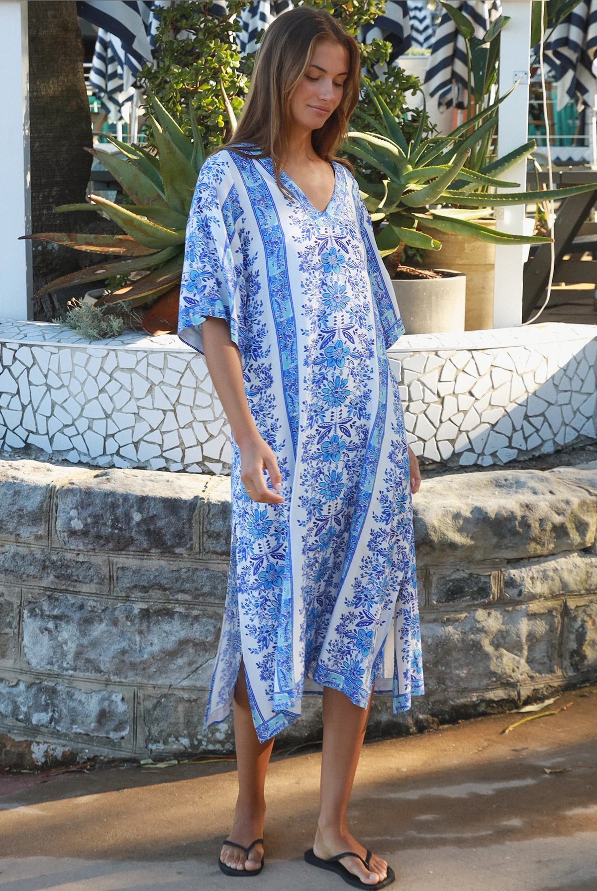 Blue floral boho midi dress in rayon with kimono sleeves V neck and side splits Midi Dresses Australia
