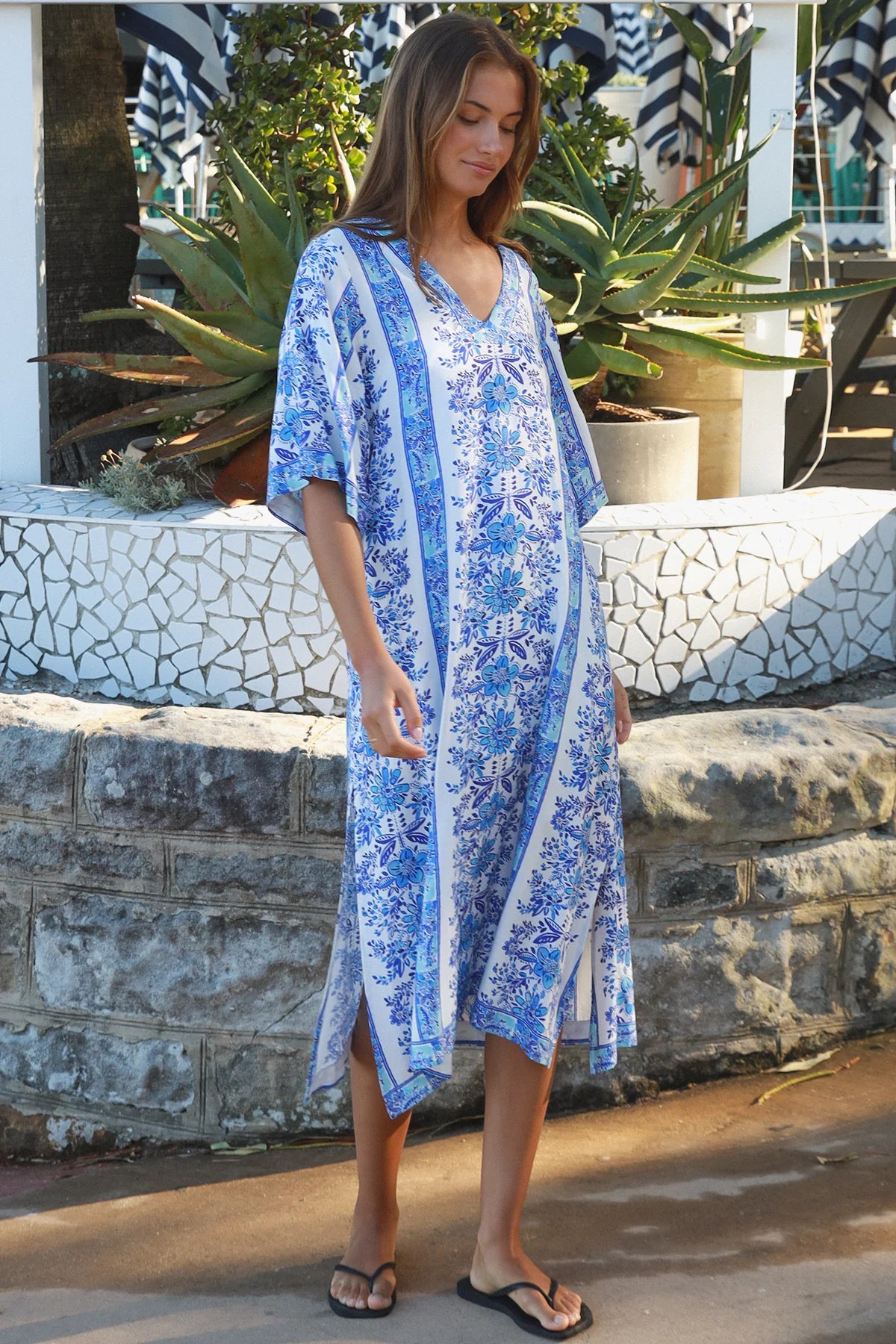 Blue floral boho midi dress in rayon with kimono sleeves V neck and side splits Midi Dresses Australia
