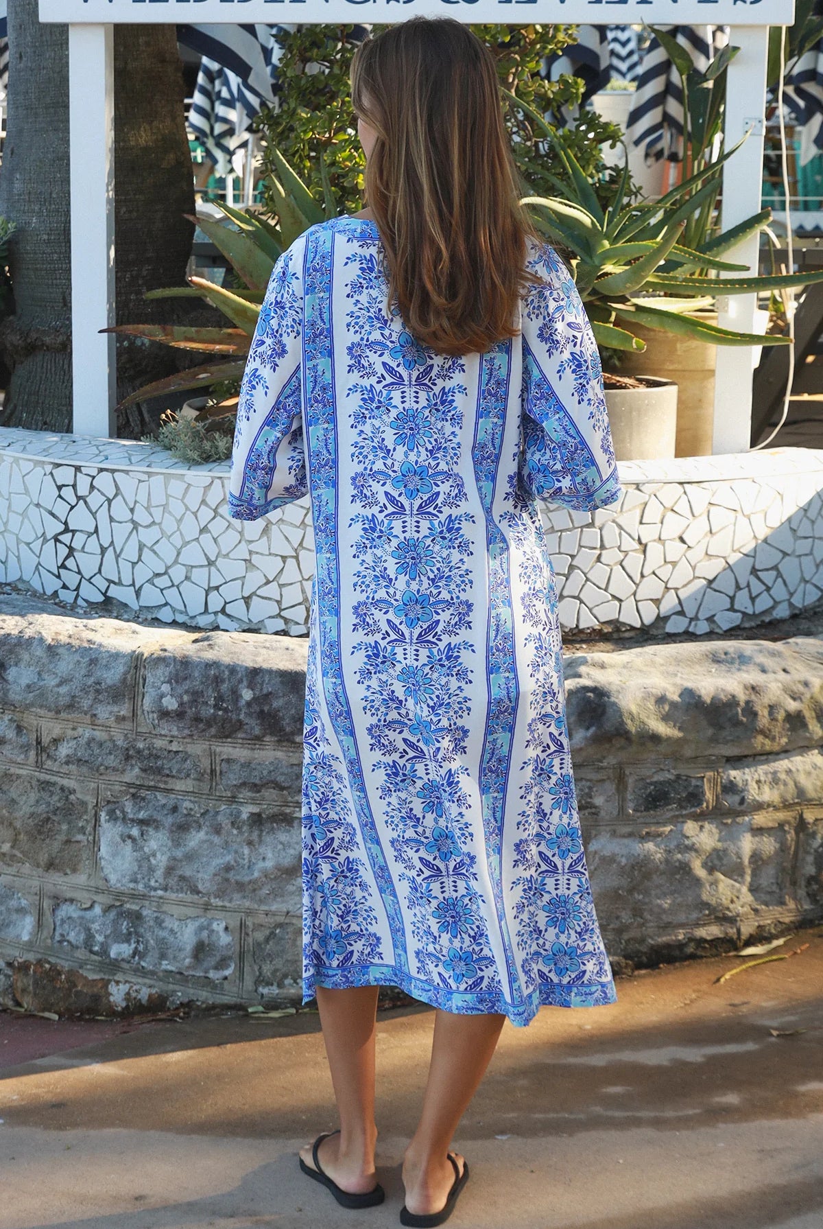 Blue floral boho midi dress in rayon with kimono sleeves V neck and side splits Midi Dresses Australia