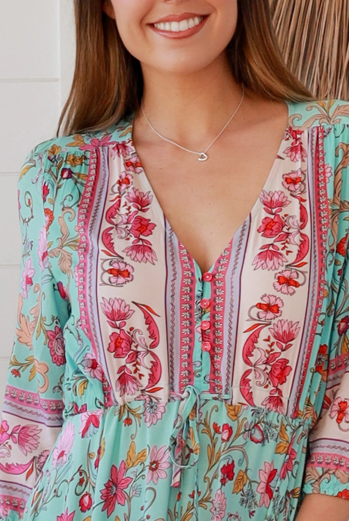 Boho maxi dress in rayon with turquoise floral print, border hem, button-down bodice & drawstring waist - Morning Meadows