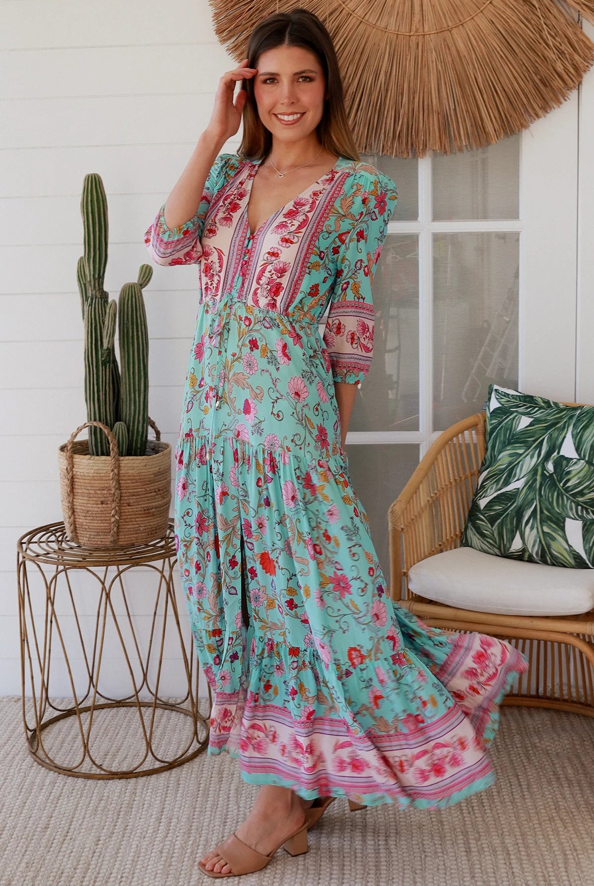 Boho maxi dress in rayon with turquoise floral print, border hem, button-down bodice & drawstring waist - Morning Meadows