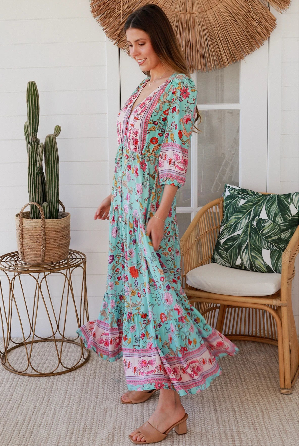 Boho maxi dress in rayon with turquoise floral print, border hem, button-down bodice & drawstring waist - Morning Meadows