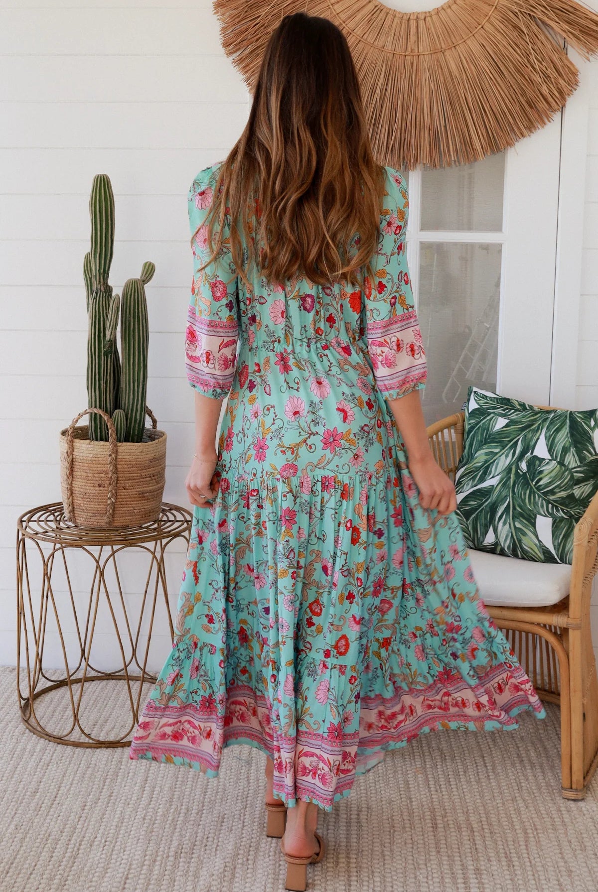 Boho maxi dress in rayon with turquoise floral print, border hem, button-down bodice & drawstring waist - Morning Meadows