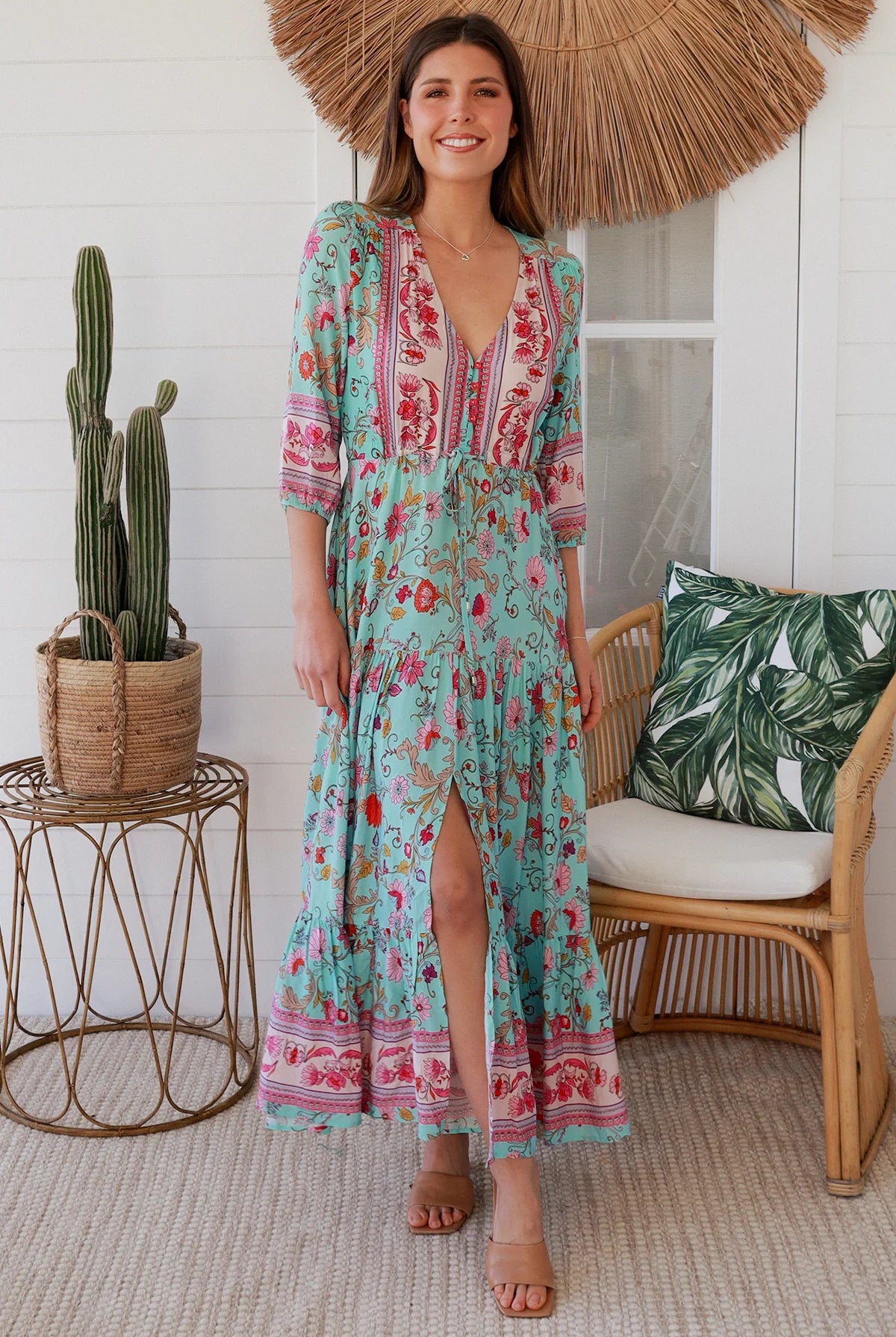 Boho maxi dress in rayon with turquoise floral print, border hem, button-down bodice & drawstring waist - Morning Meadows