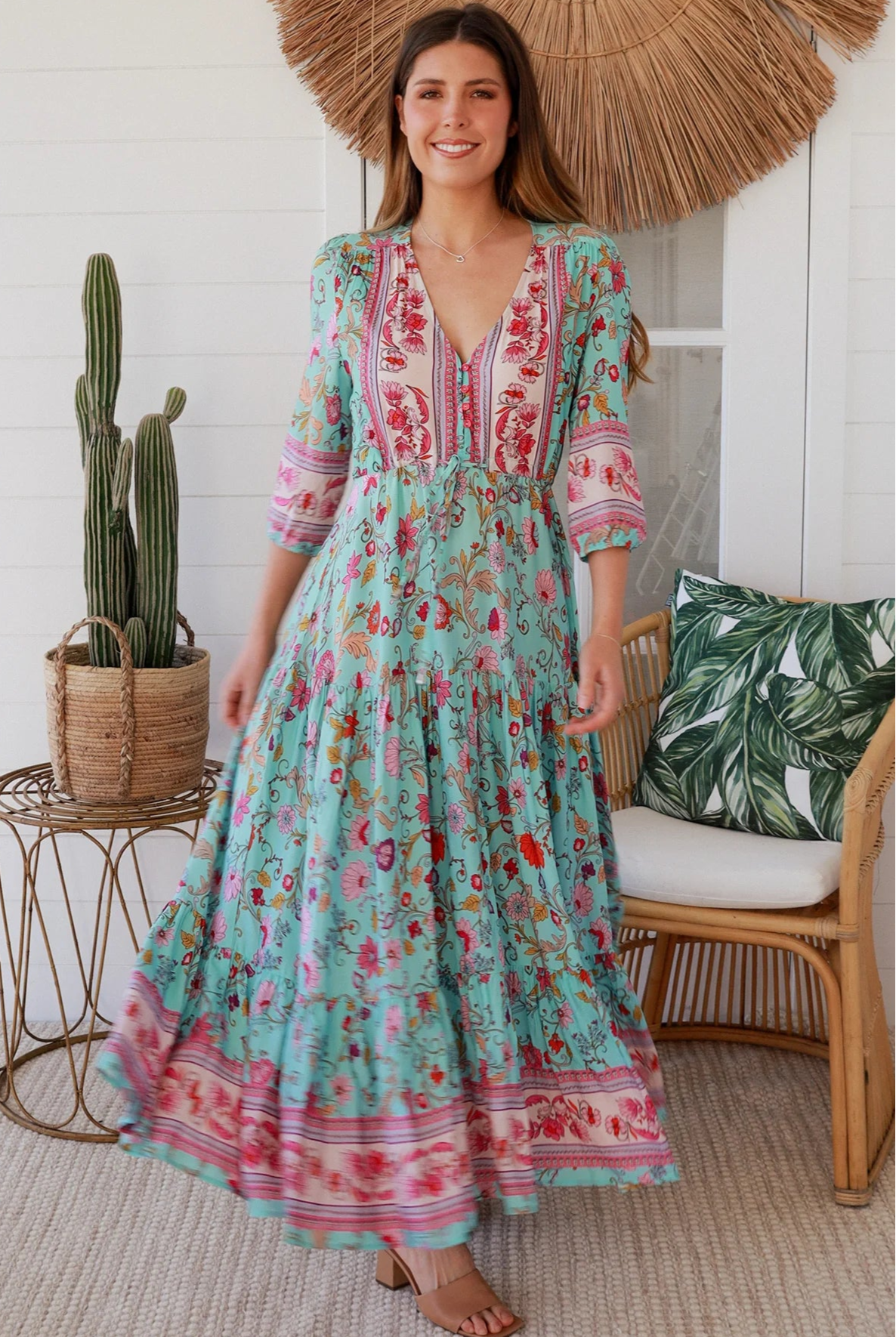 Boho maxi dress in rayon with turquoise floral print, border hem, button-down bodice & drawstring waist - Morning Meadows