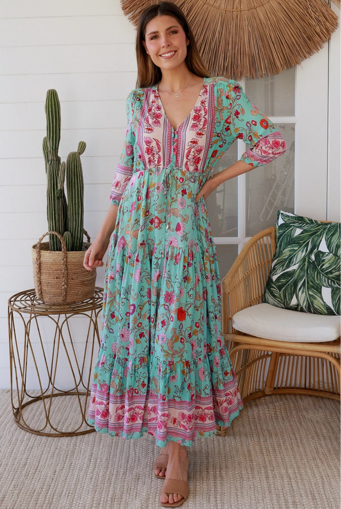 Boho maxi dress in rayon with turquoise floral print, border hem, button-down bodice & drawstring waist - Morning Meadows