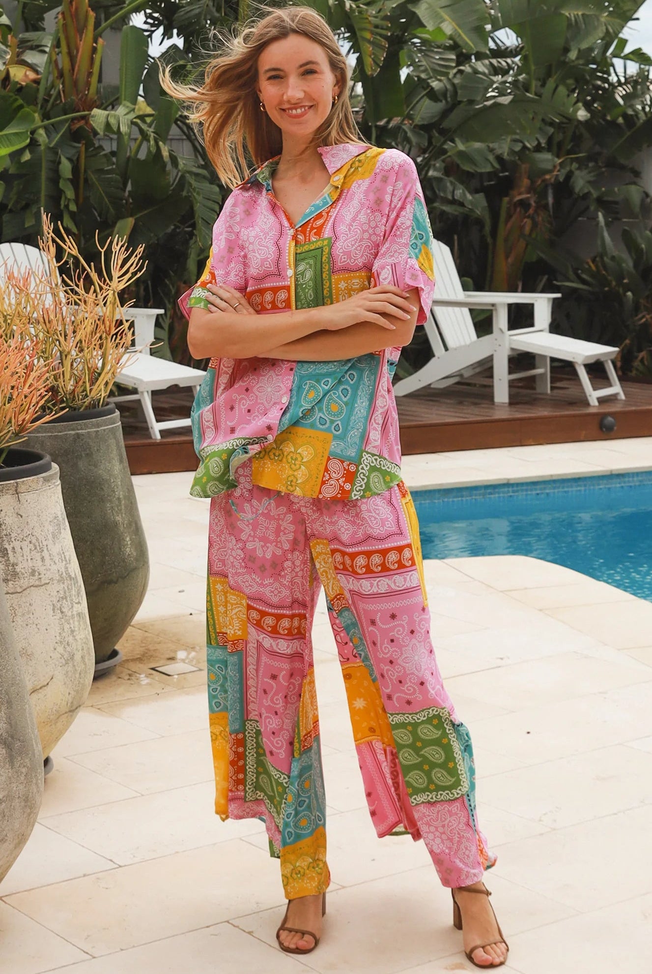 Wide leg patchwork paisley boho pants by Dreamcatcher with elastic waist and colourful bandana print