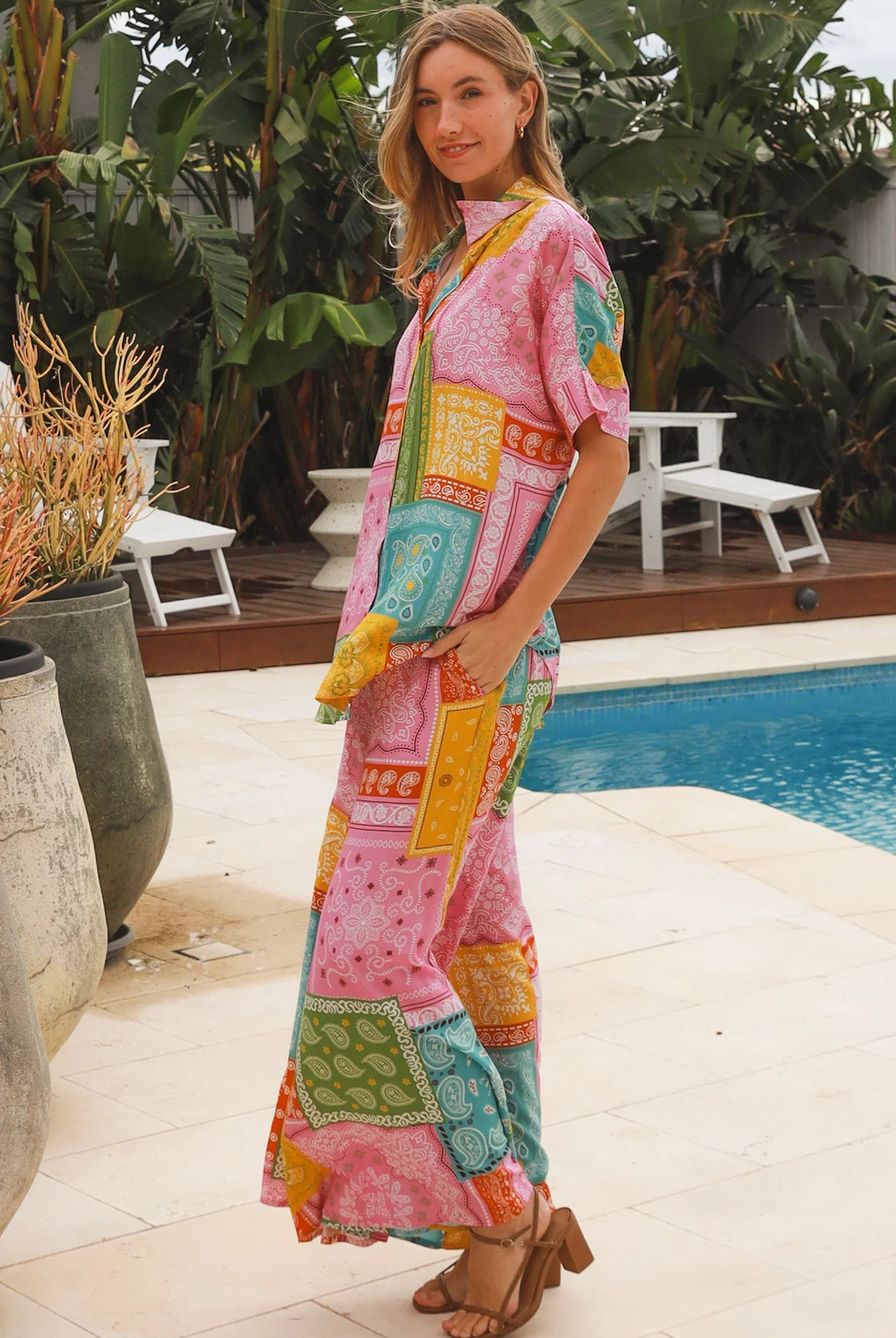 Wide leg patchwork paisley boho pants by Dreamcatcher with elastic waist and colourful bandana print