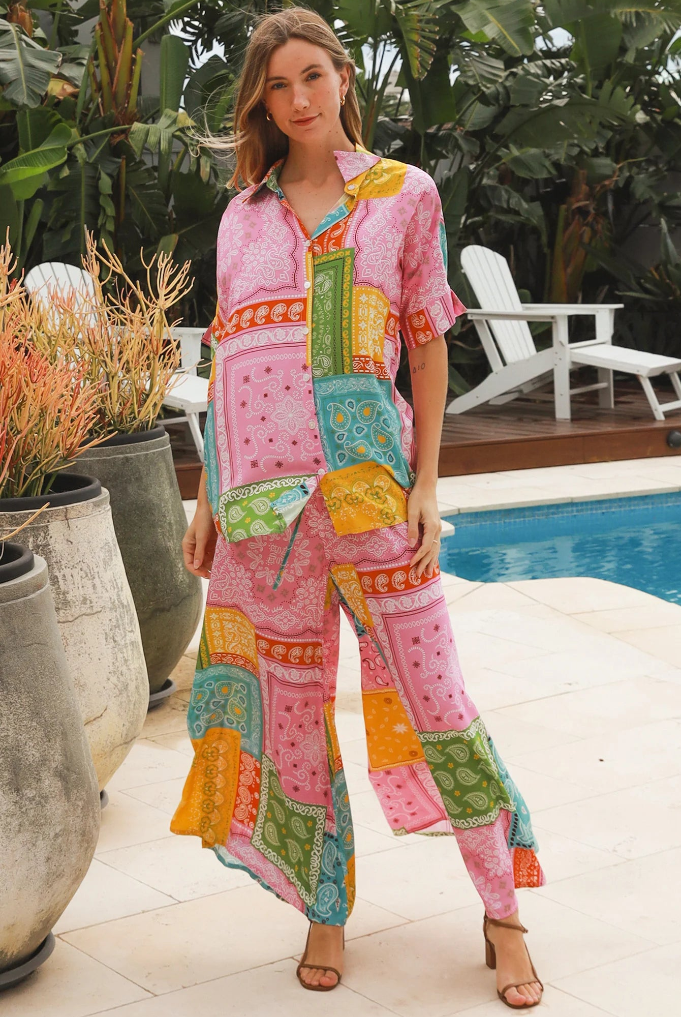 Wide leg patchwork paisley boho pants by Dreamcatcher with elastic waist and colourful bandana print