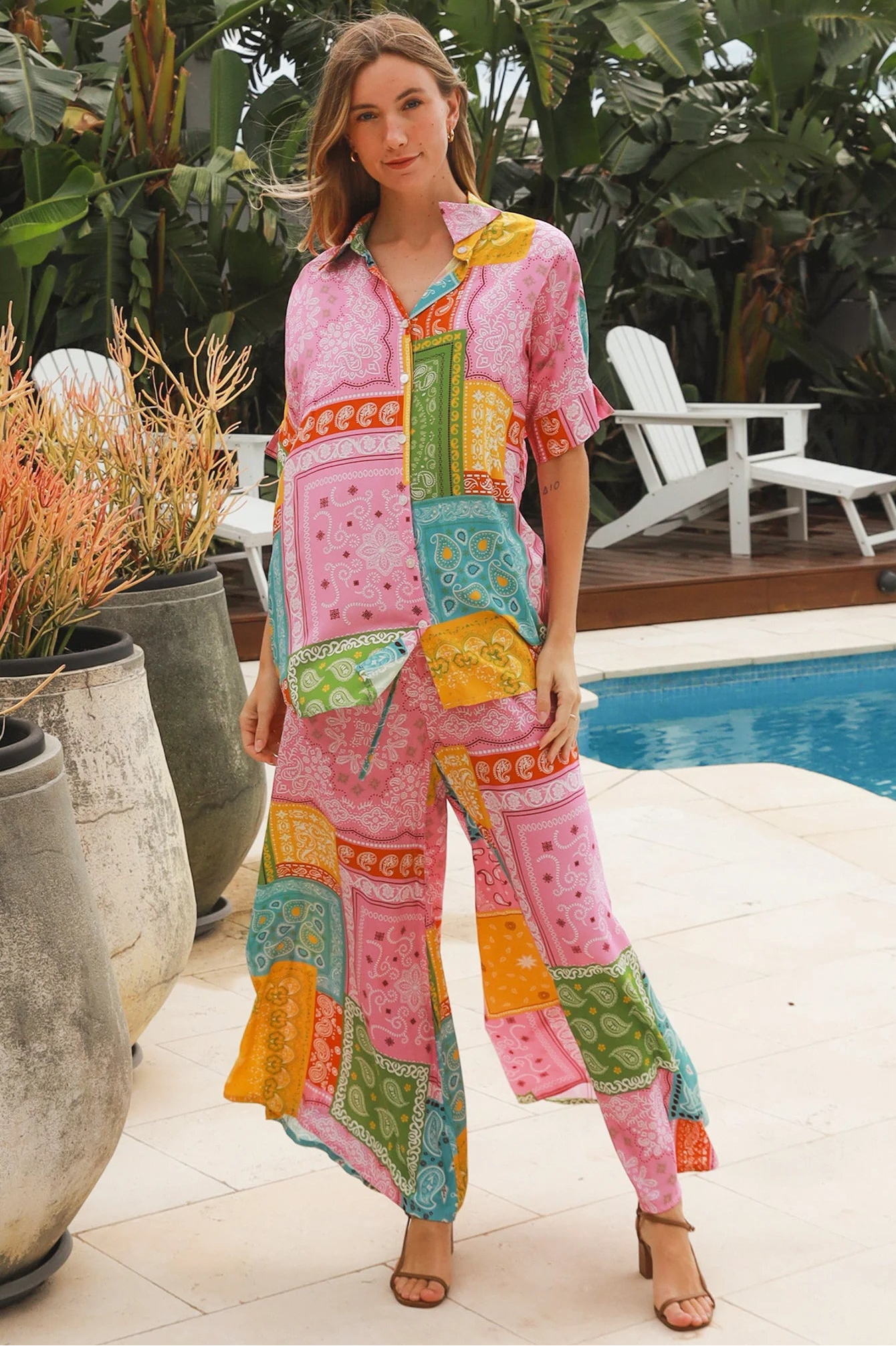 Wide leg patchwork paisley boho pants by Dreamcatcher with elastic waist and colourful bandana print