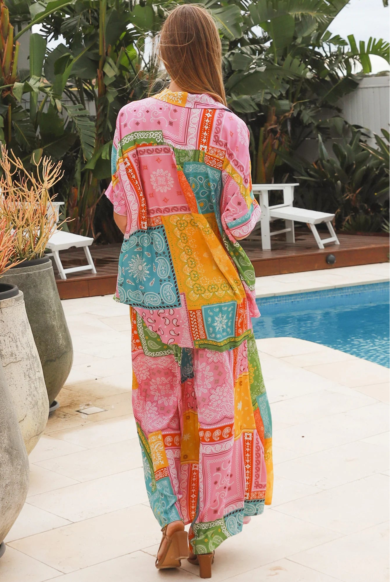 Wide leg patchwork paisley boho pants by Dreamcatcher with elastic waist and colourful bandana print