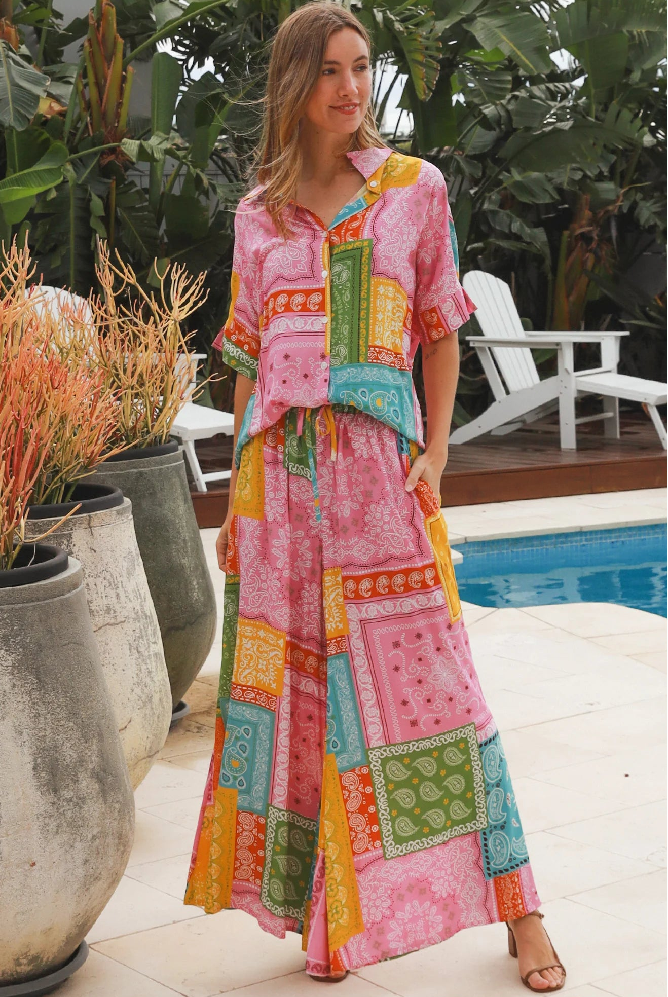 Wide leg patchwork paisley boho pants by Dreamcatcher with elastic waist and colourful bandana print