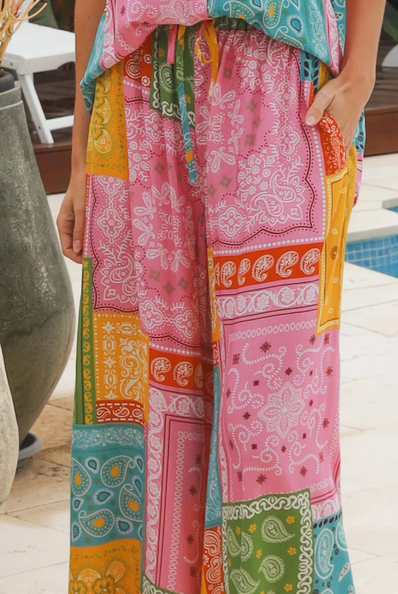 Wide leg patchwork paisley boho pants by Dreamcatcher with elastic waist and colourful bandana print