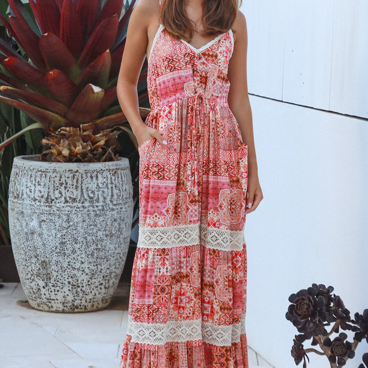 camilla draped floor length dress - soft pink Women's Kamila A-line Flower Applique Mesh Taffeta Floor Length Dress XS/S/M/L/XL Pink MEAN BLVD Pink / XL
