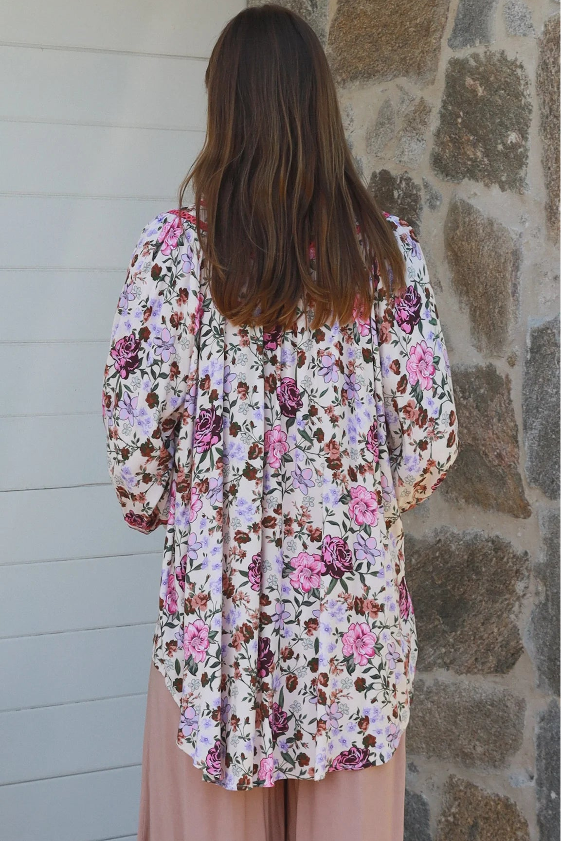 Primrose floral rayon blouse in pink with lace shoulder inserts Charlotte The Label boho summer top