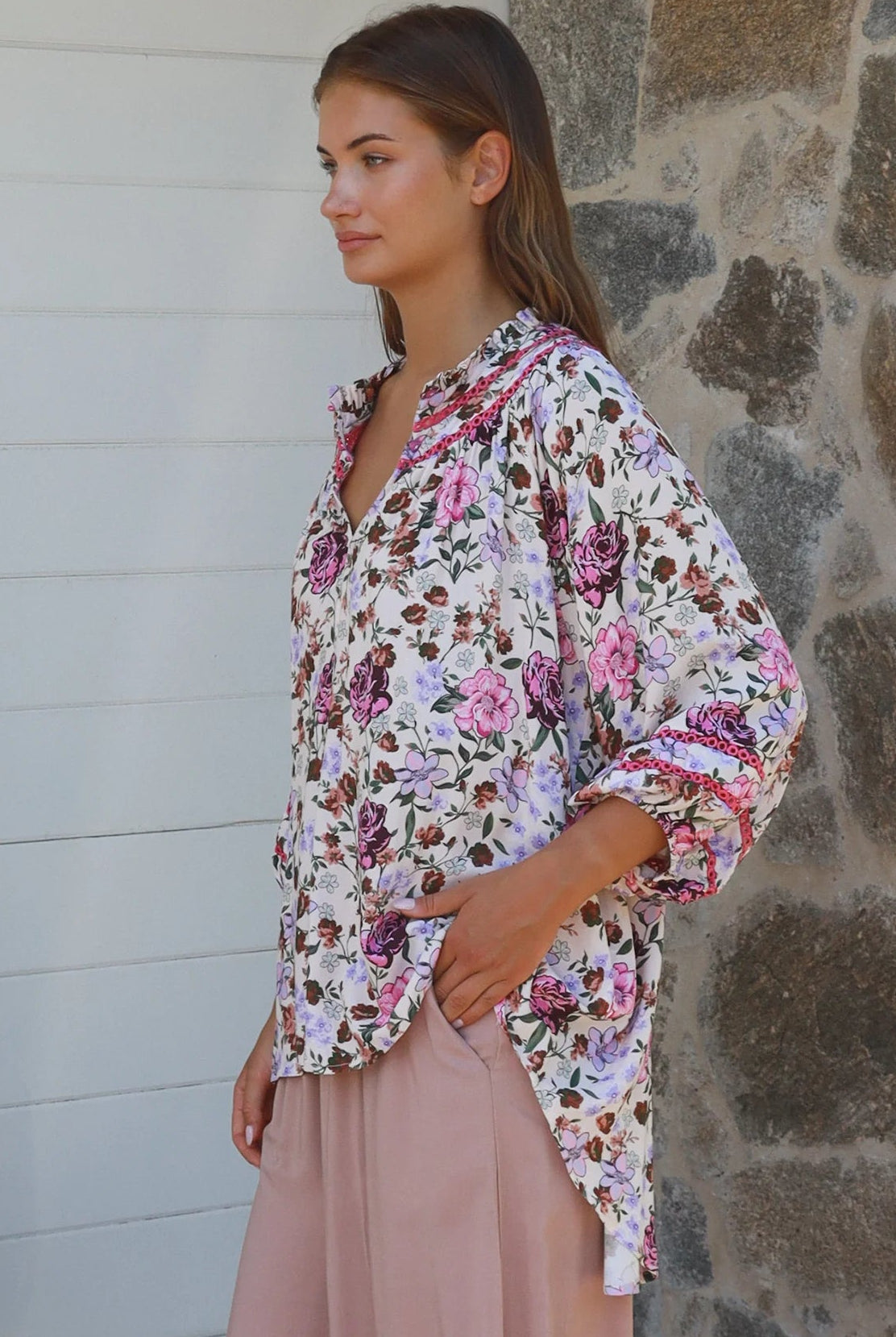 Primrose floral rayon blouse in pink with lace shoulder inserts Charlotte The Label boho summer top