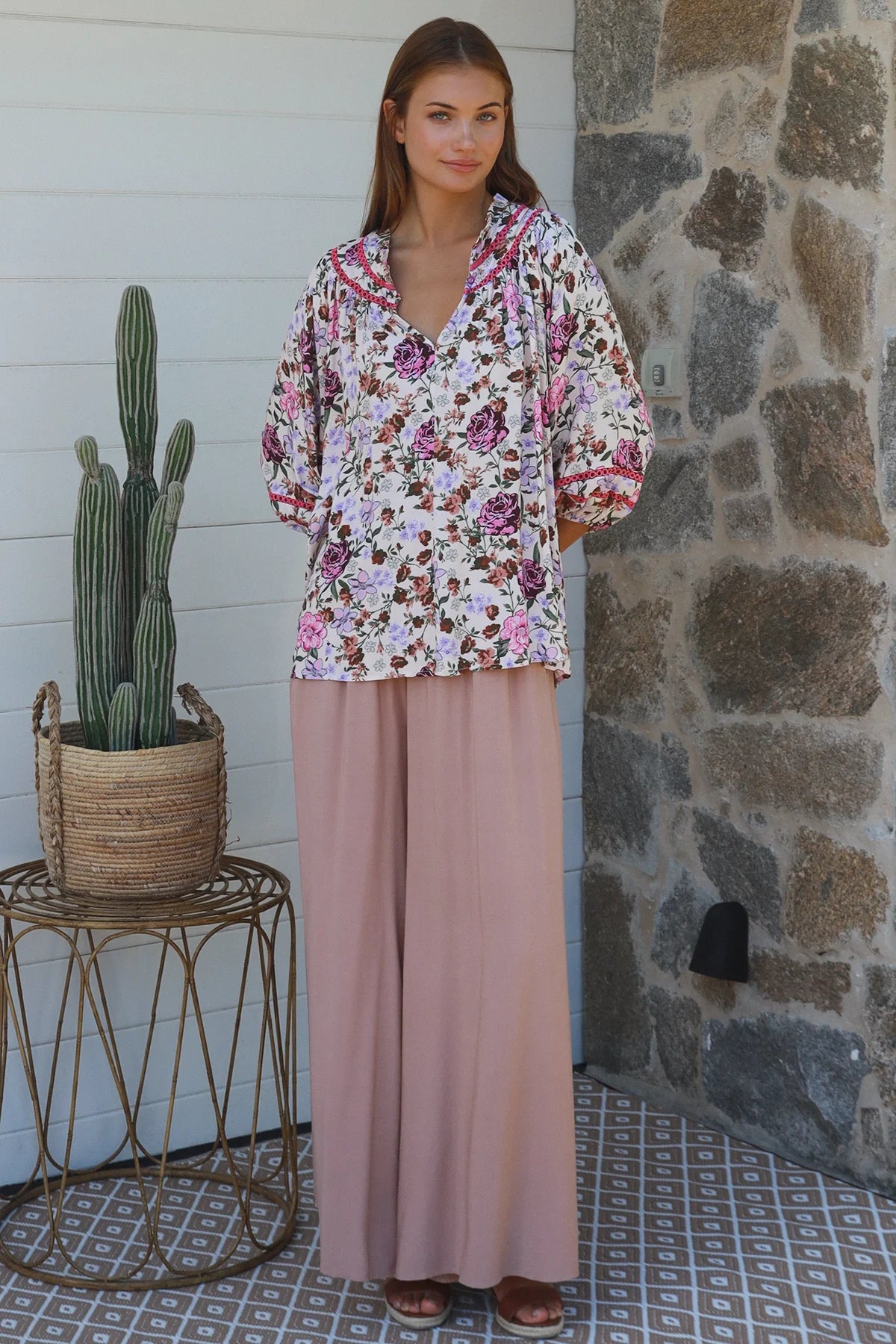 Primrose floral rayon blouse in pink with lace shoulder inserts Charlotte The Label boho summer top