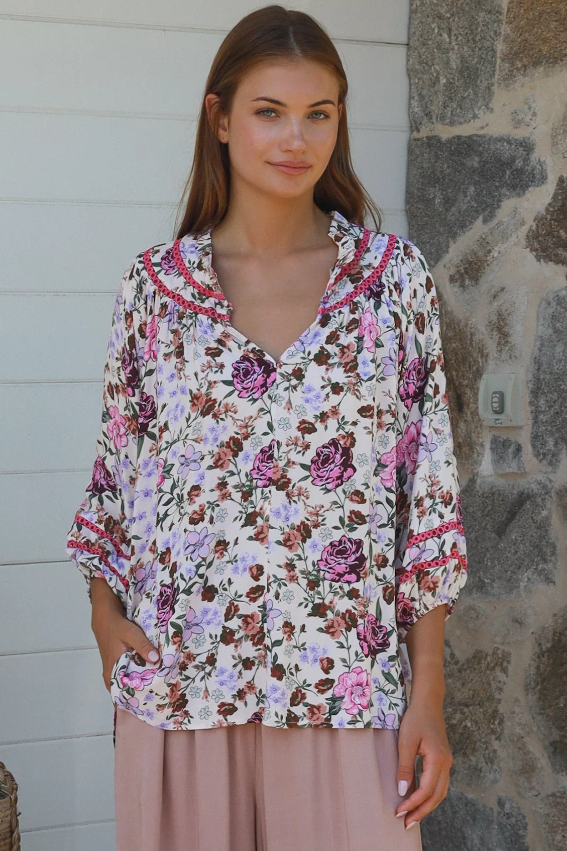 Primrose floral rayon blouse in pink with lace shoulder inserts Charlotte The Label boho summer top