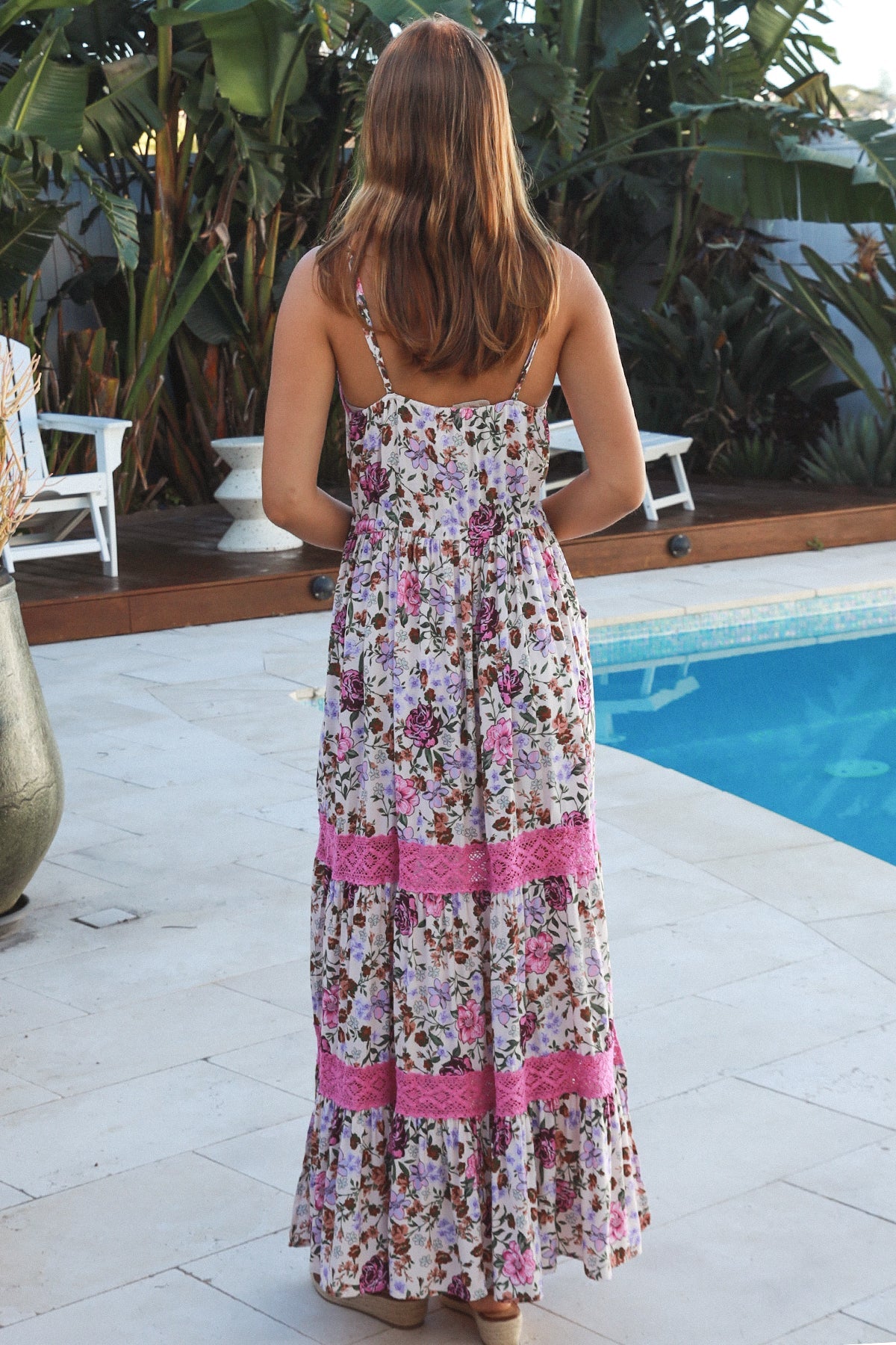 Pink floral tiered maxi dress with lace inserts, drawstring waist, pockets and adjustable straps — Charlotte The Label