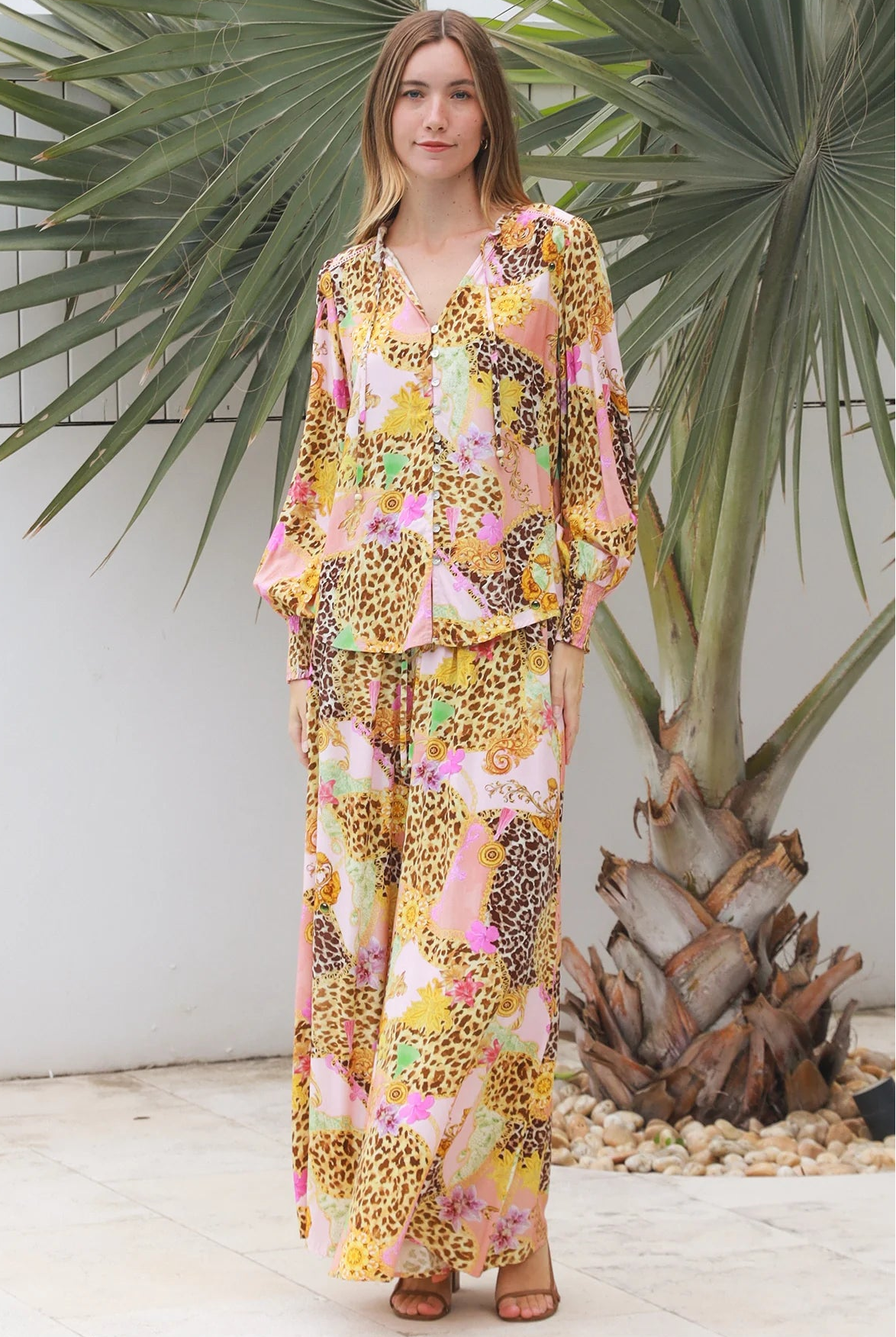 Vera Pant in rayon with patchwork animal and floral print, wide-leg boho pants with elastic waist, Australia