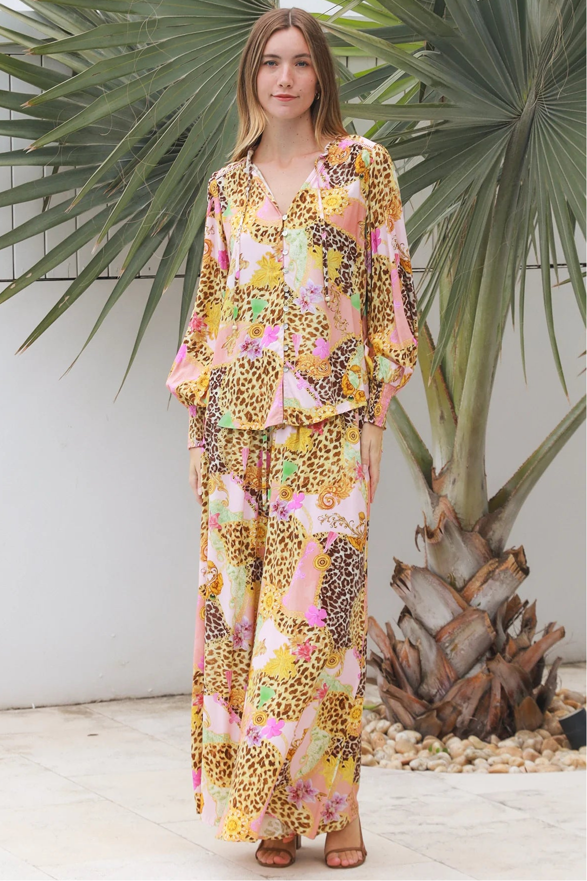 Vera Pant in rayon with patchwork animal and floral print, wide-leg boho pants with elastic waist, Australia