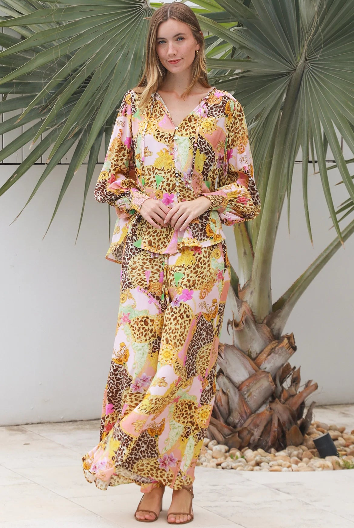 Vera Pant in rayon with patchwork animal and floral print, wide-leg boho pants with elastic waist, Australia