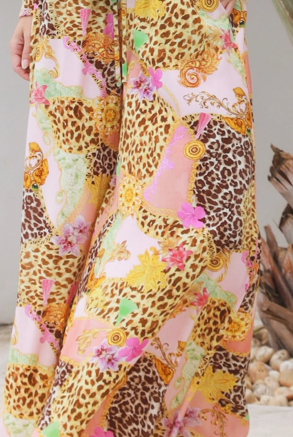 Vera Pant in rayon with patchwork animal and floral print, wide-leg boho pants with elastic waist, Australia