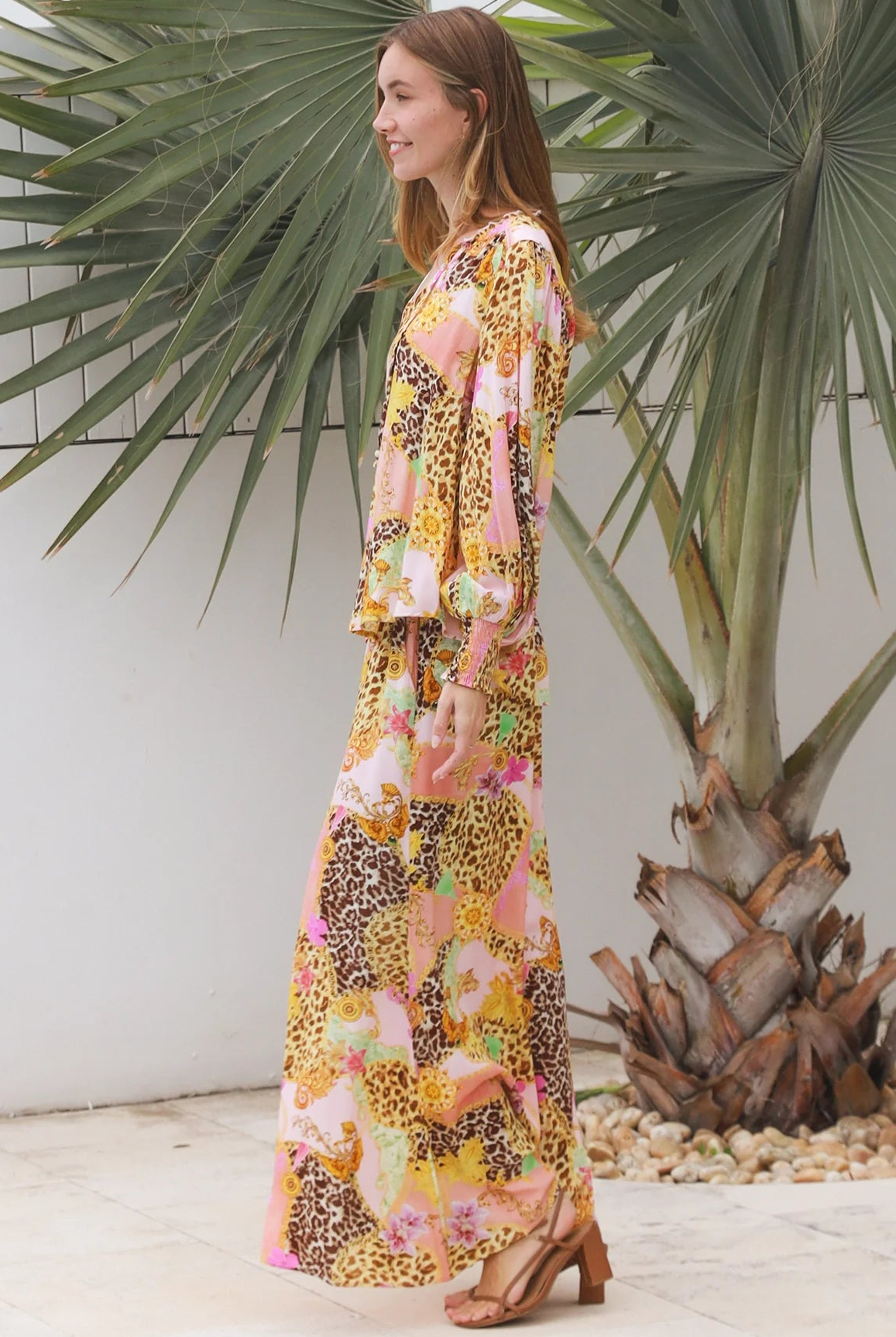 Vera Pant in rayon with patchwork animal and floral print, wide-leg boho pants with elastic waist, Australia