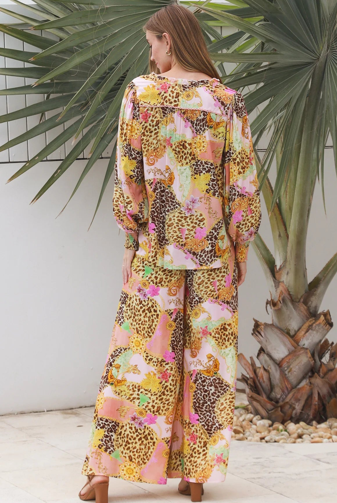 Vera Pant in rayon with patchwork animal and floral print, wide-leg boho pants with elastic waist, Australia