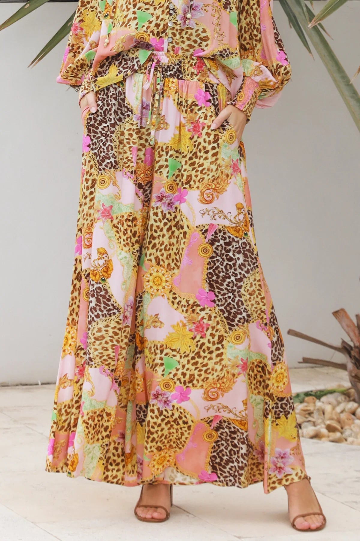 Vera Pant in rayon with patchwork animal and floral print, wide-leg boho pants with elastic waist, Australia