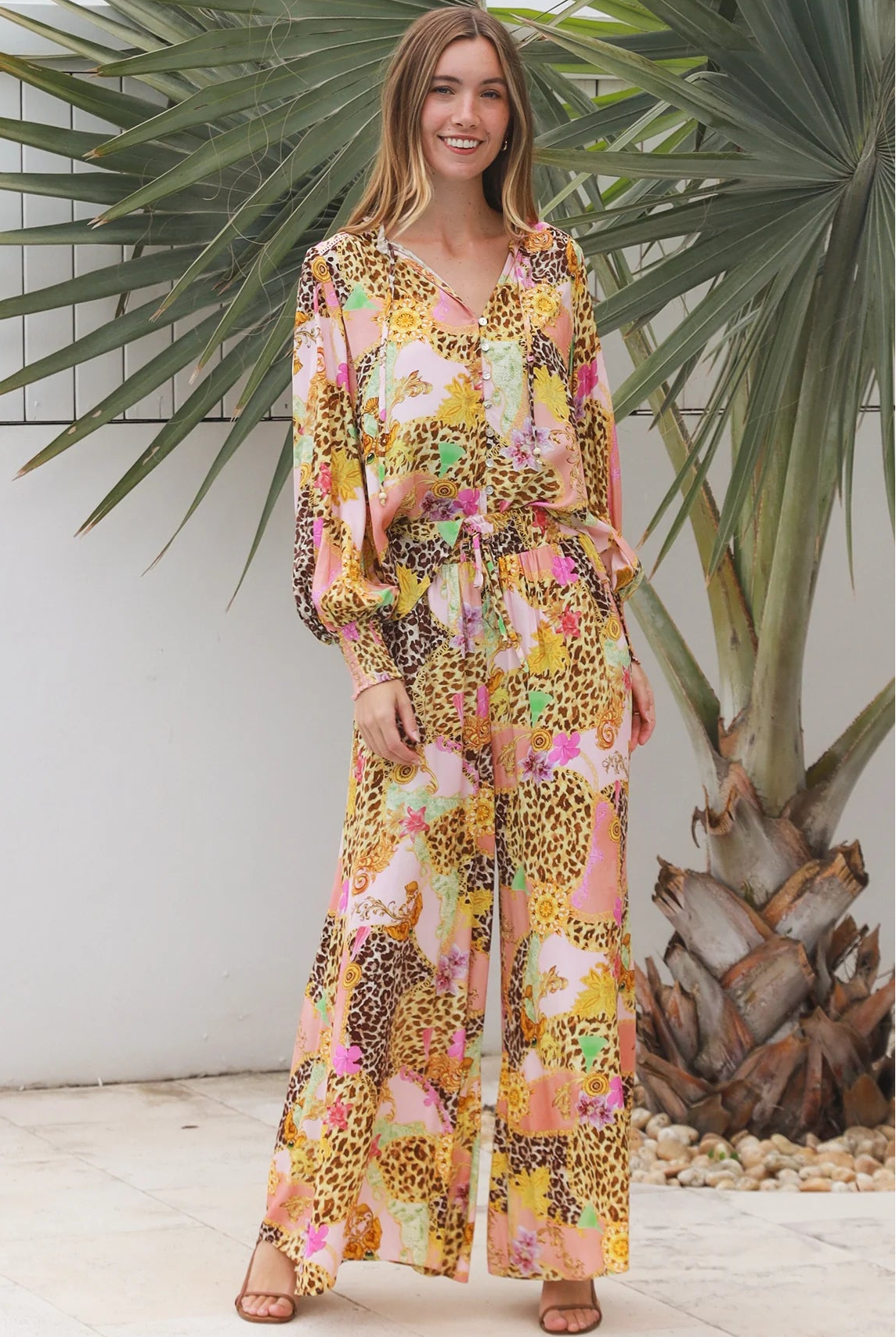 Vera Pant in rayon with patchwork animal and floral print, wide-leg boho pants with elastic waist, Australia