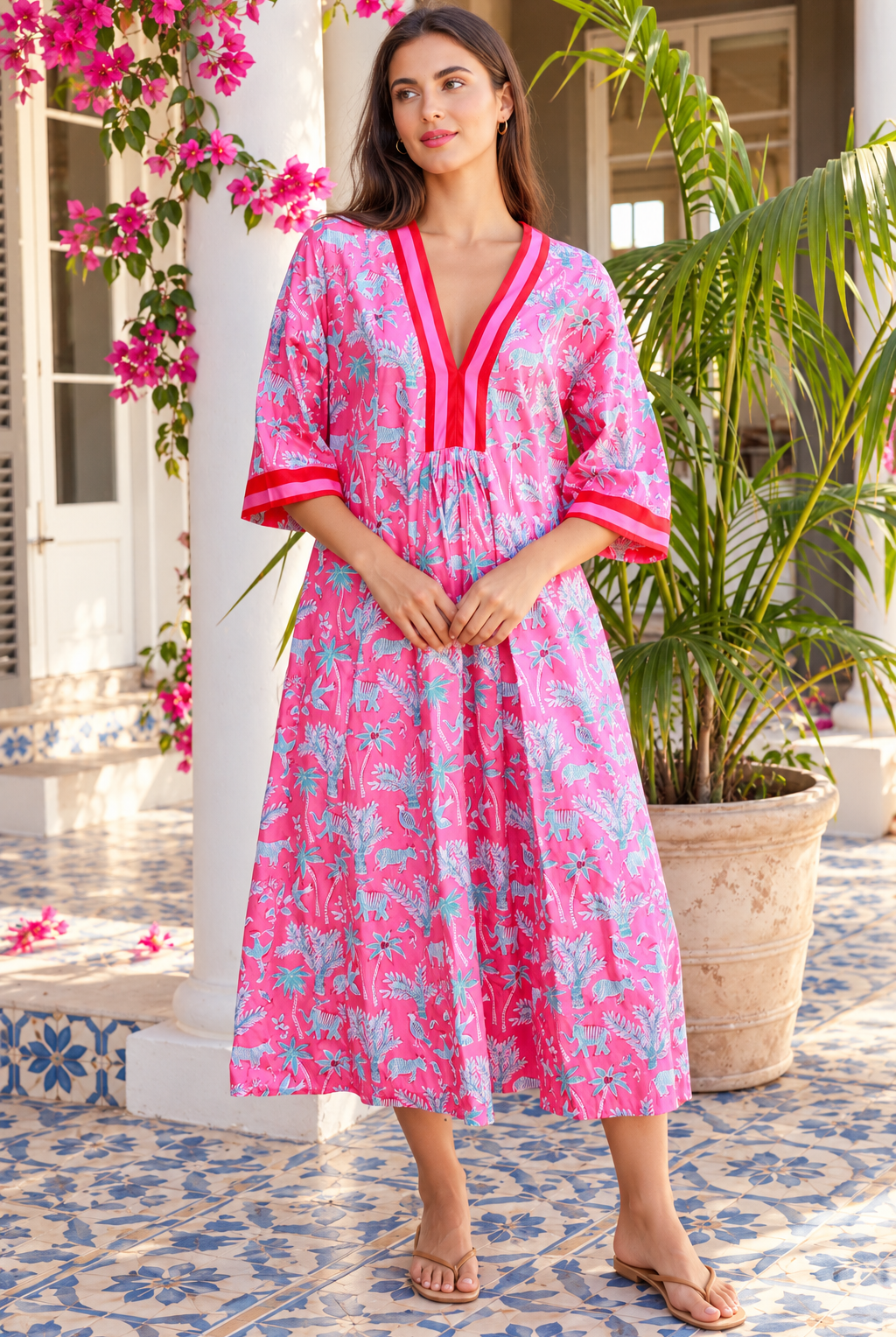 Sanctuary Pluto Pink cotton boho midi dress with turquoise wildlife block print, V-neckline and contrast trim