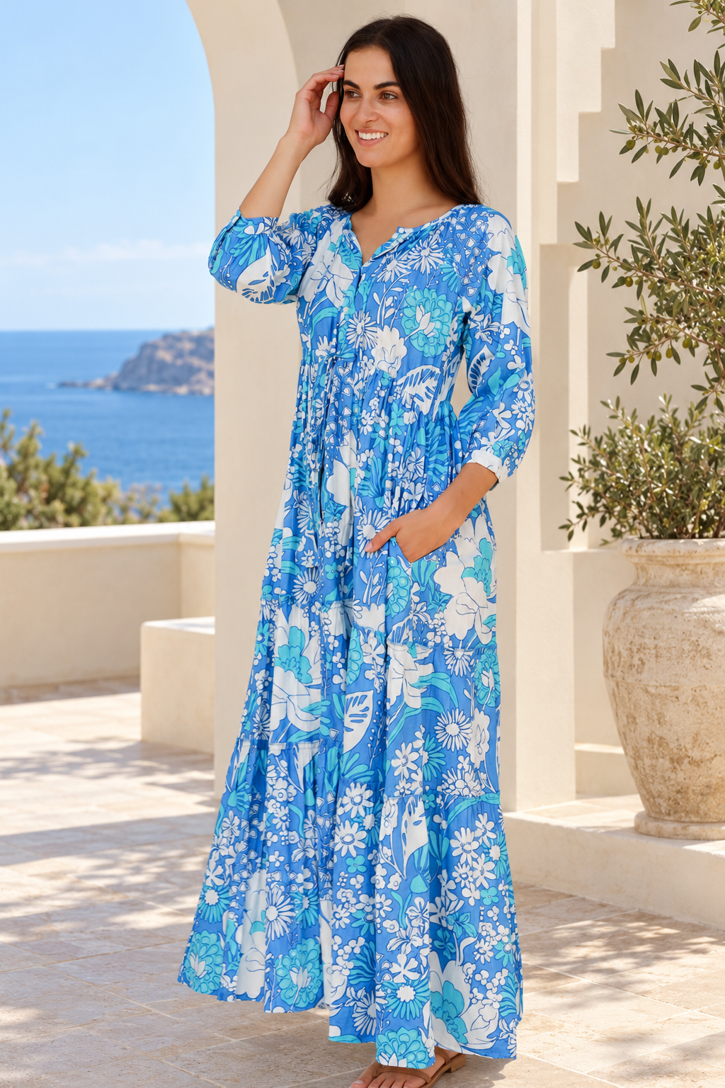 Emerson Cotton Maxi Dress Rory Blue with vintage blue floral print, button front, tassel drawstring waist and tiered skirt