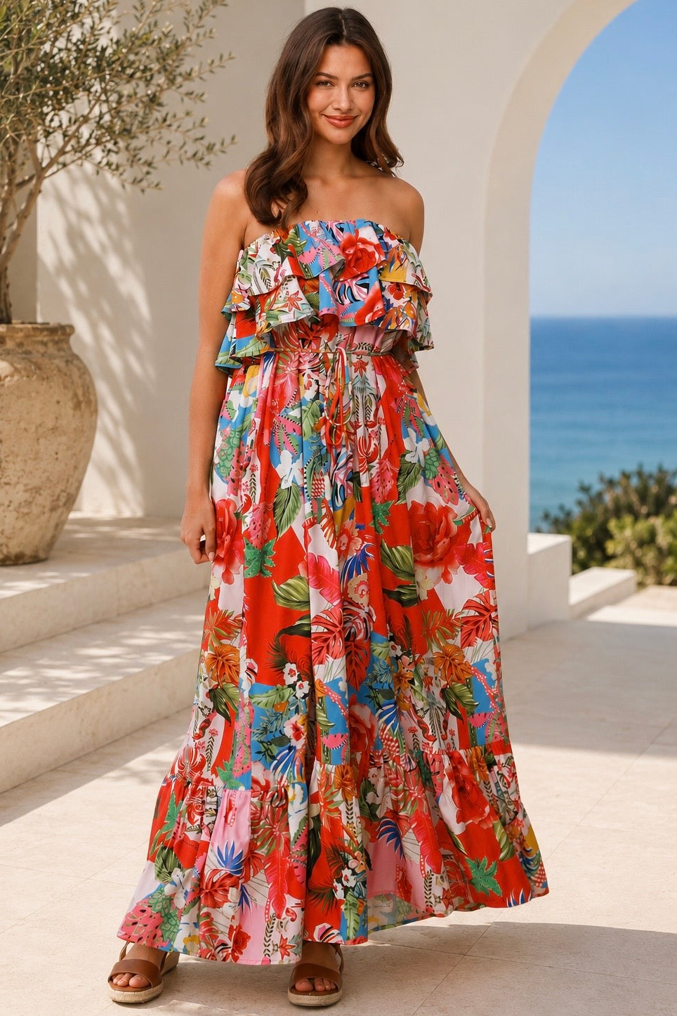 Scarlet floral strapless maxi dress by Dreamcatcher with double frill, waist tie and oversized frill hem