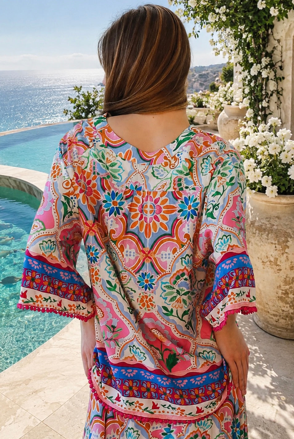 Dreamcatcher Aurora Floral Top Pink Mosaic with botanical mosaic print and cotton lace edging