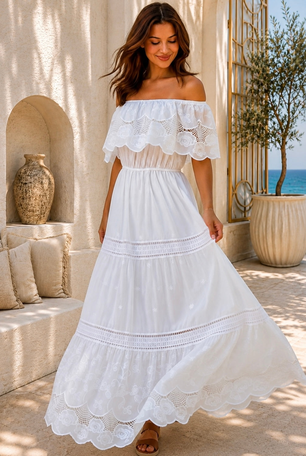 Rose white embroidered cotton maxi dress with off-shoulder floral lace, tiered skirt and scalloped rose hem