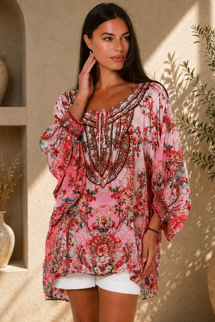 Clara Embellished Tunic Blouse Rose by Peacock Feather with rhinestone neckline floral viscose crepe one size