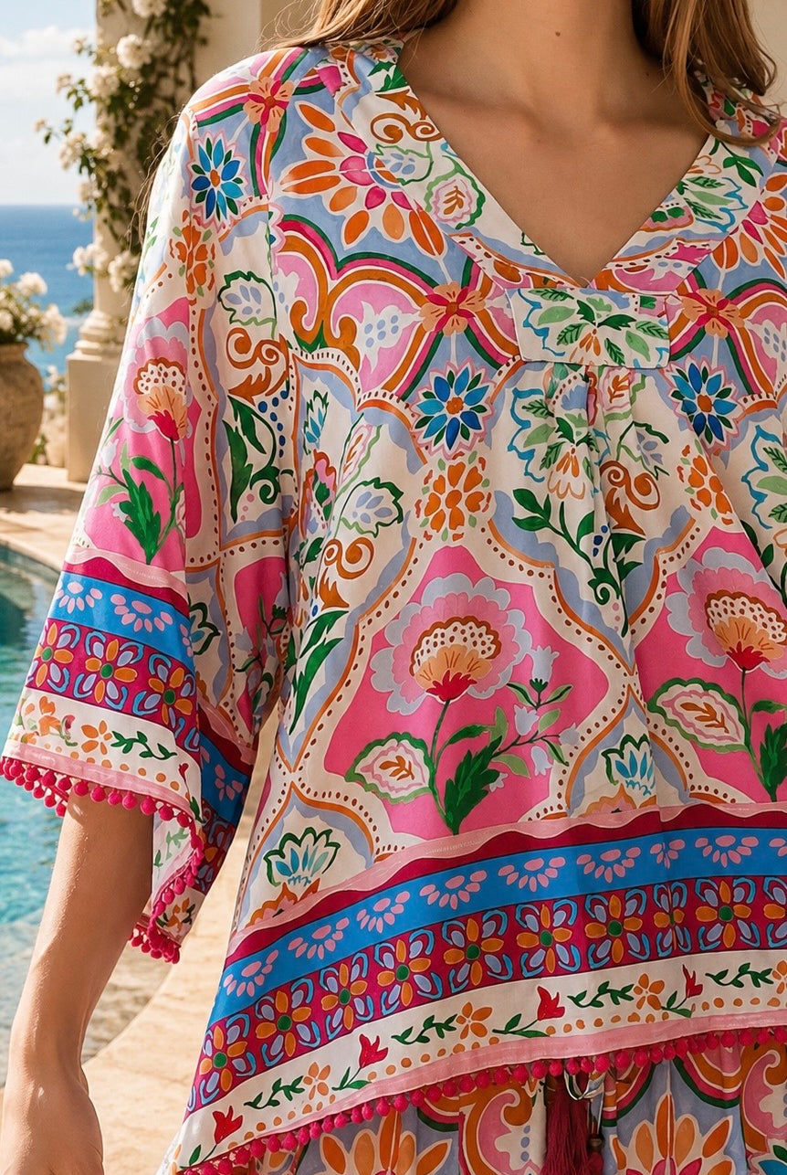 Dreamcatcher Aurora Floral Top Pink Mosaic with botanical mosaic print and cotton lace edging